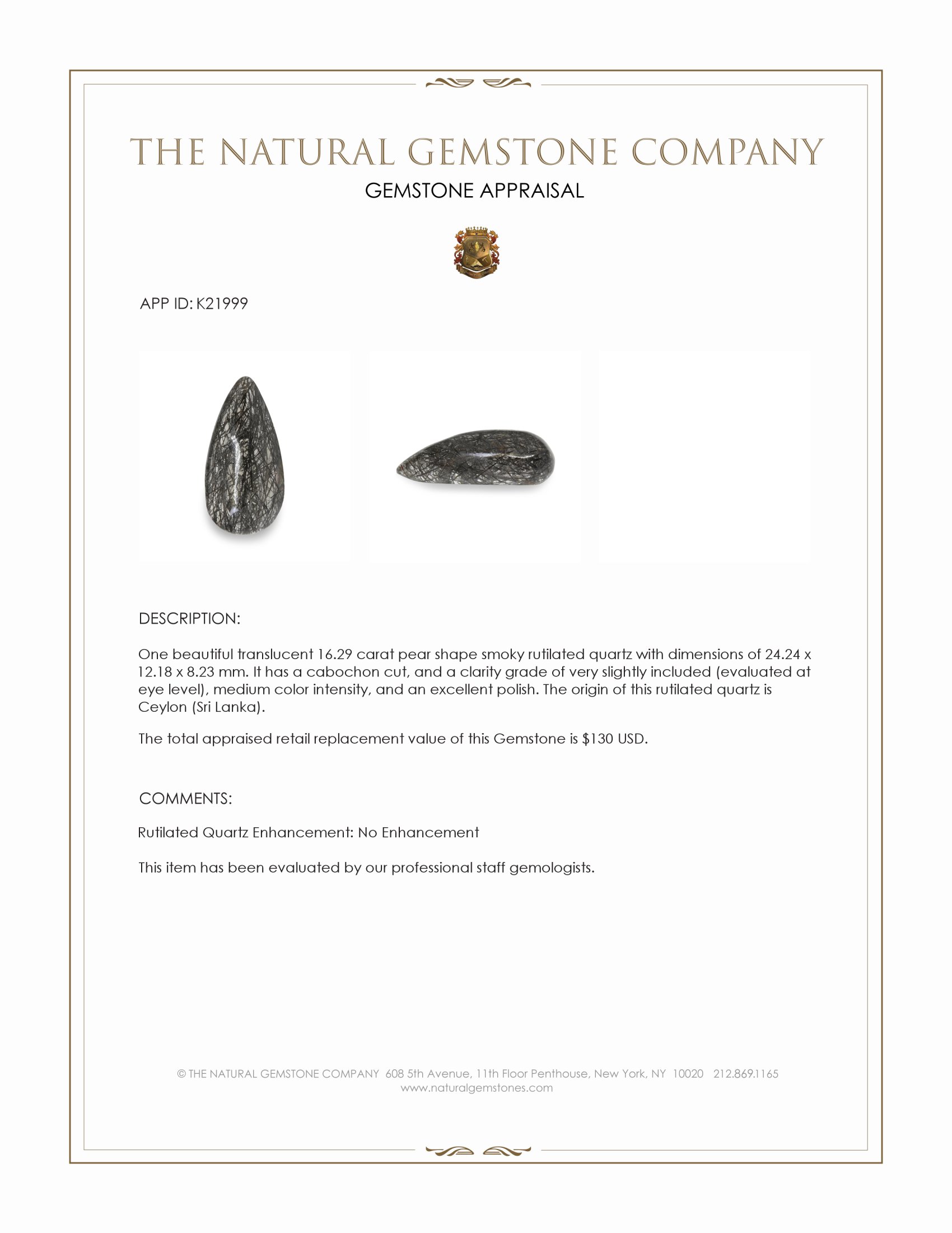 16.29 Ct. Cabochon Rutilated Quartz from Ceylon (Sri Lanka)