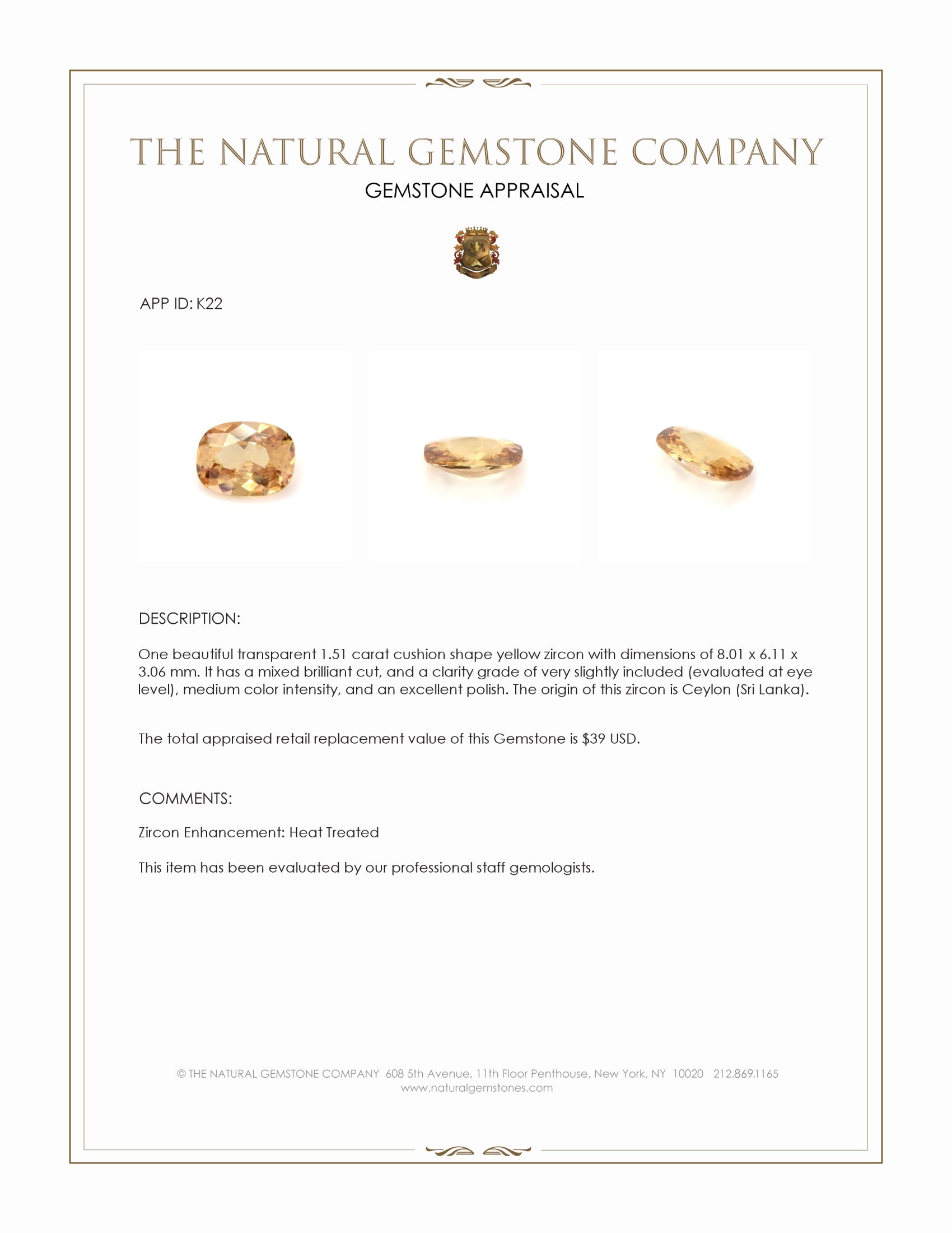 1.51 Ct. Zircon from Ceylon (Sri Lanka)