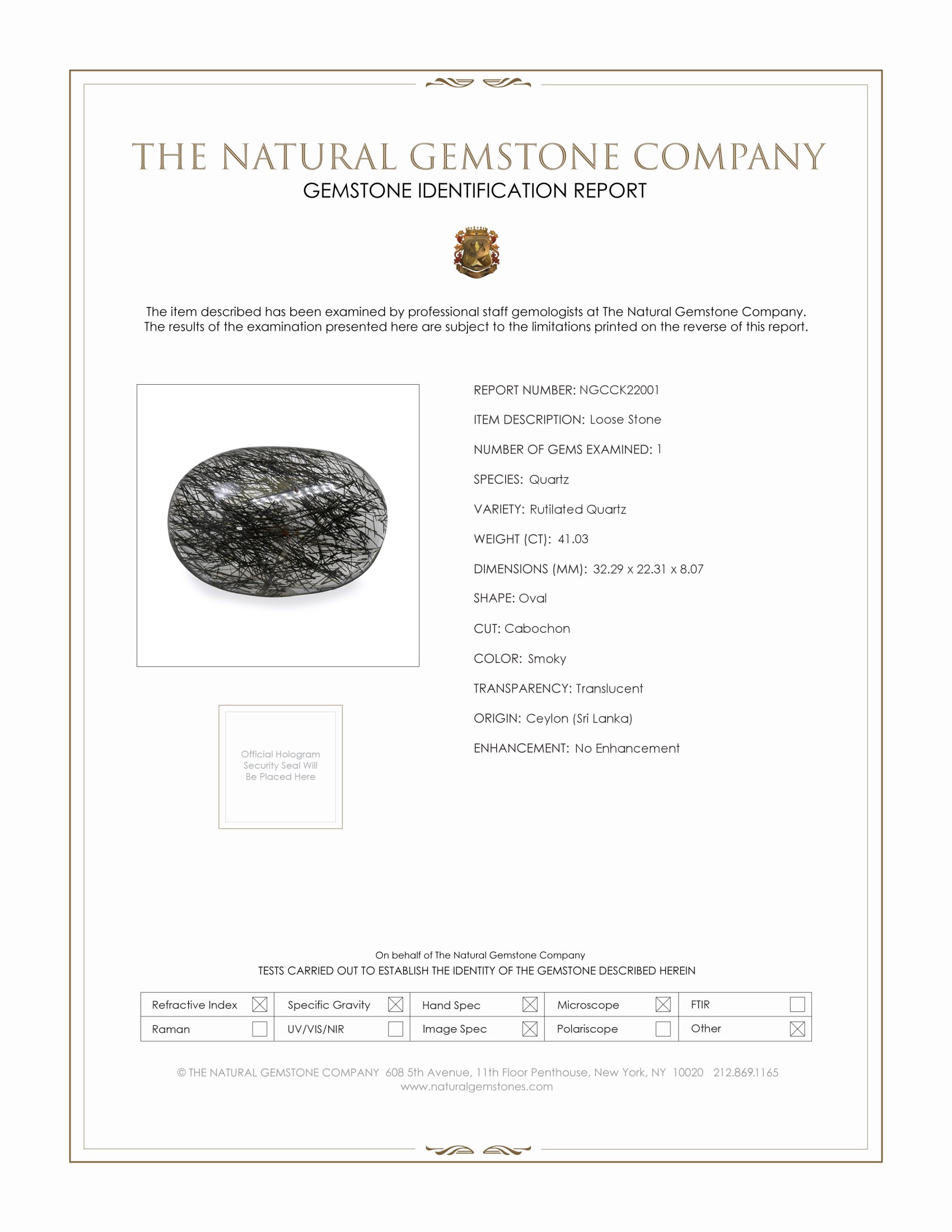 41.03 Ct. Smoky Cabochon Rutilated Quartz from Ceylon (Sri Lanka)