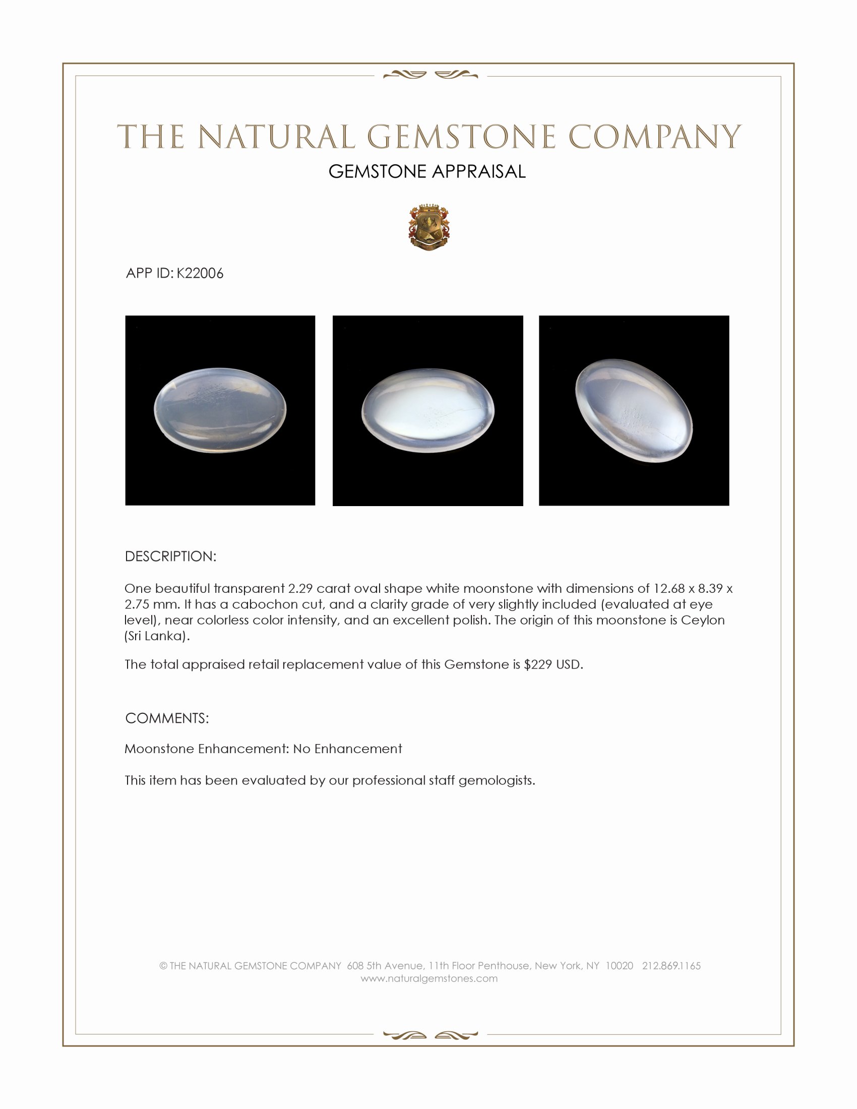 2.29 Ct. Cabochon Moonstone from Ceylon (Sri Lanka)