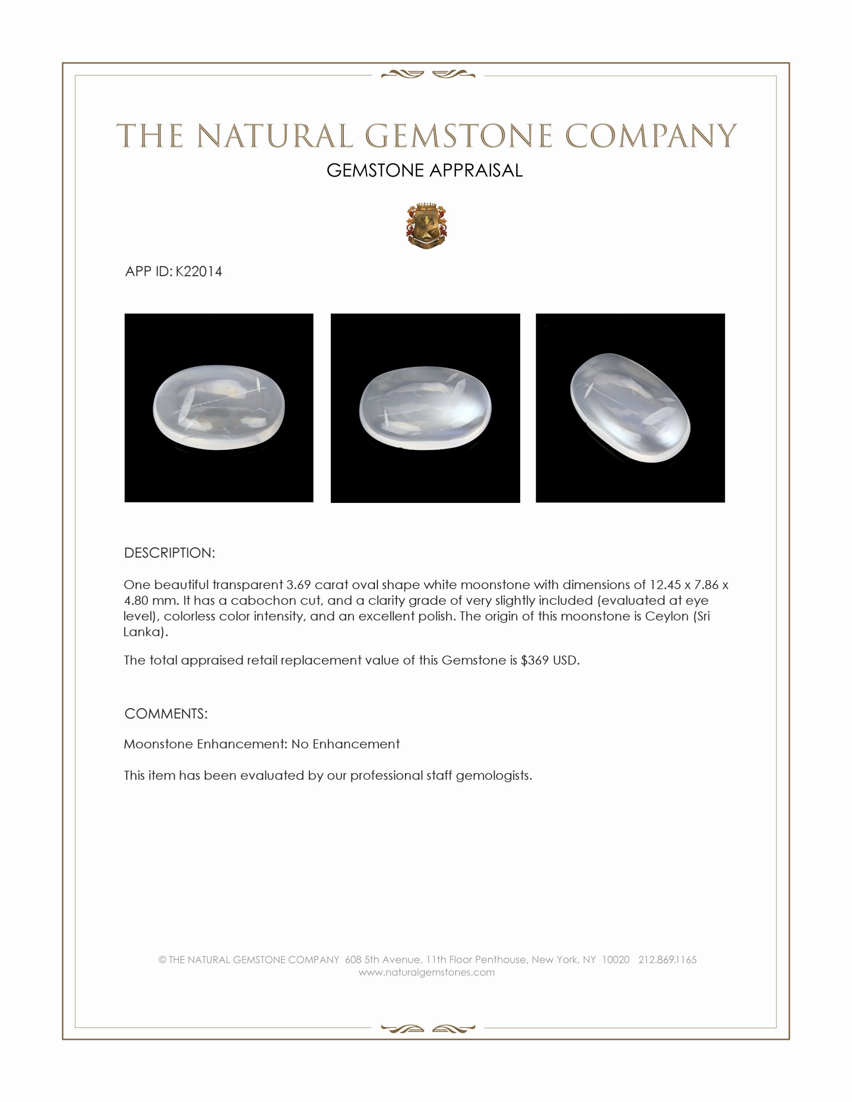 3.69 Ct. Cabochon Moonstone from Ceylon (Sri Lanka)