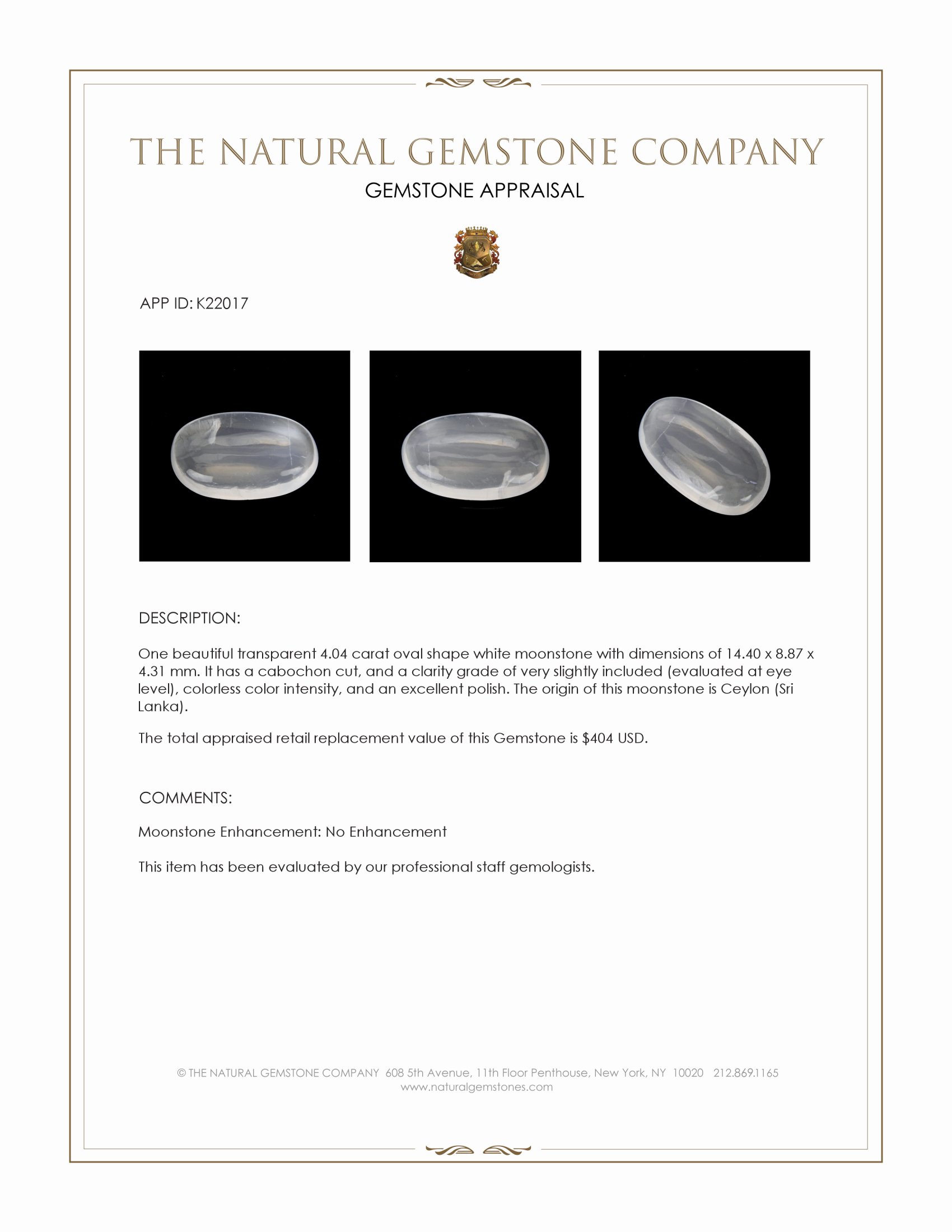 4.04 Ct. White Cabochon Moonstone from Ceylon (Sri Lanka)