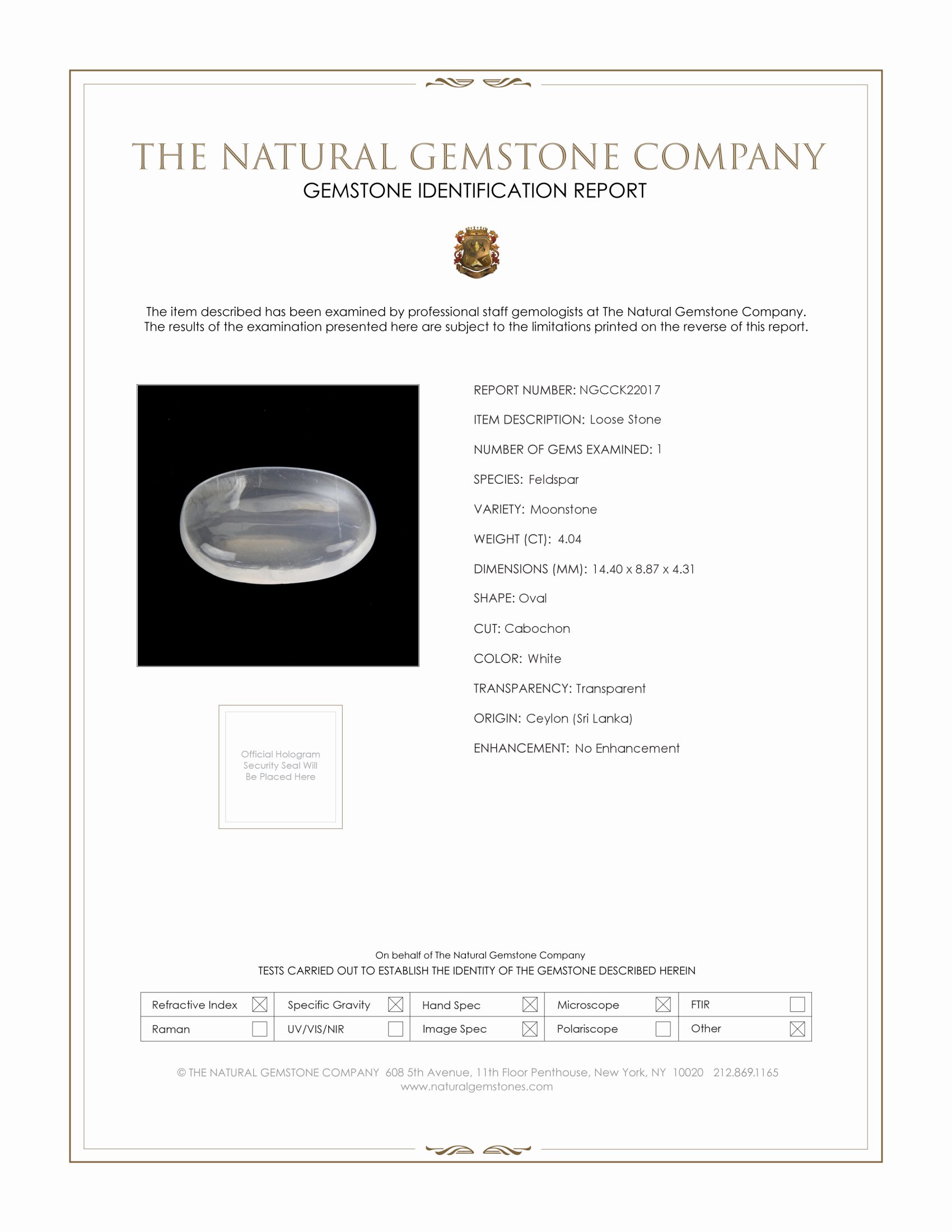 4.04 Ct. White Cabochon Moonstone from Ceylon (Sri Lanka)
