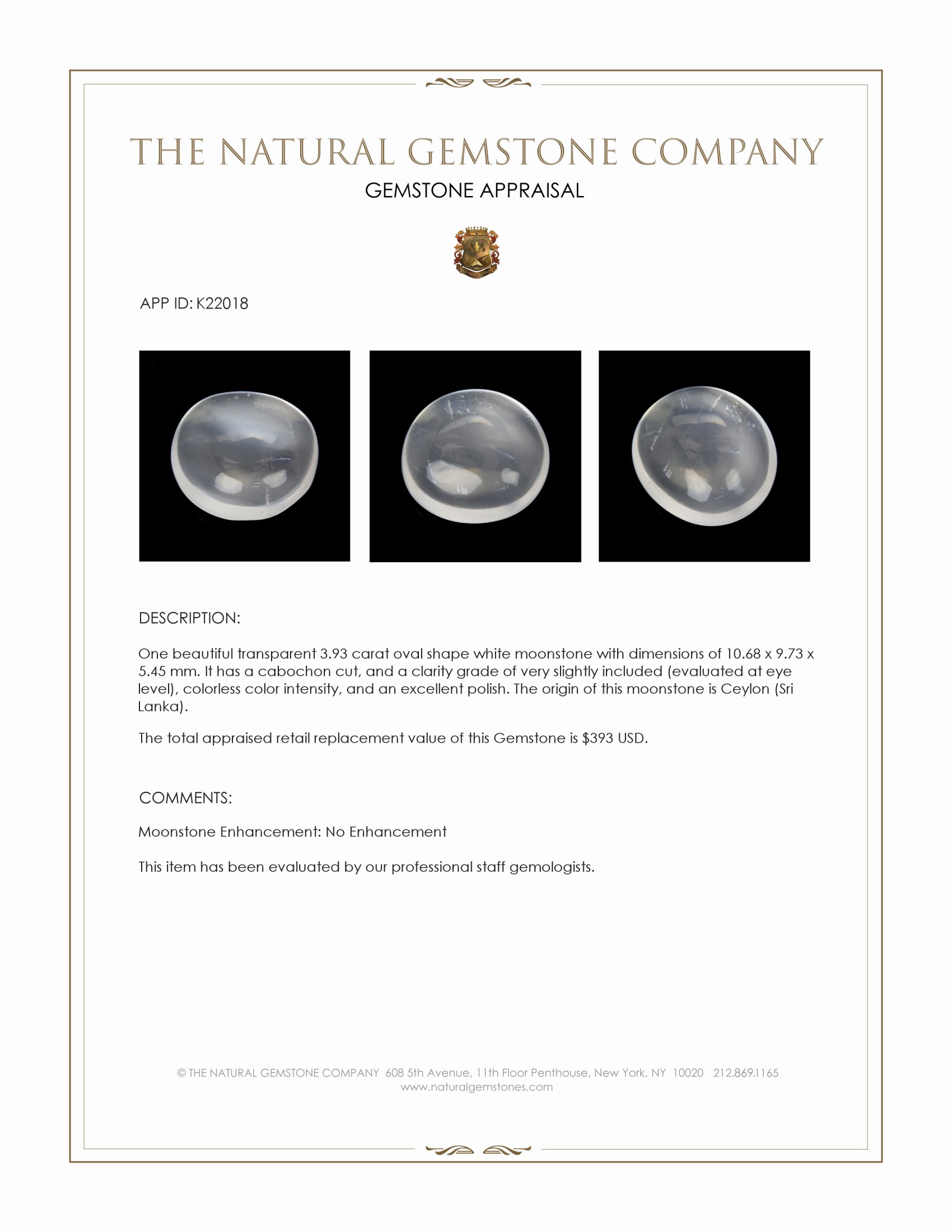 3.93 Ct. White Cabochon Moonstone from Ceylon (Sri Lanka)