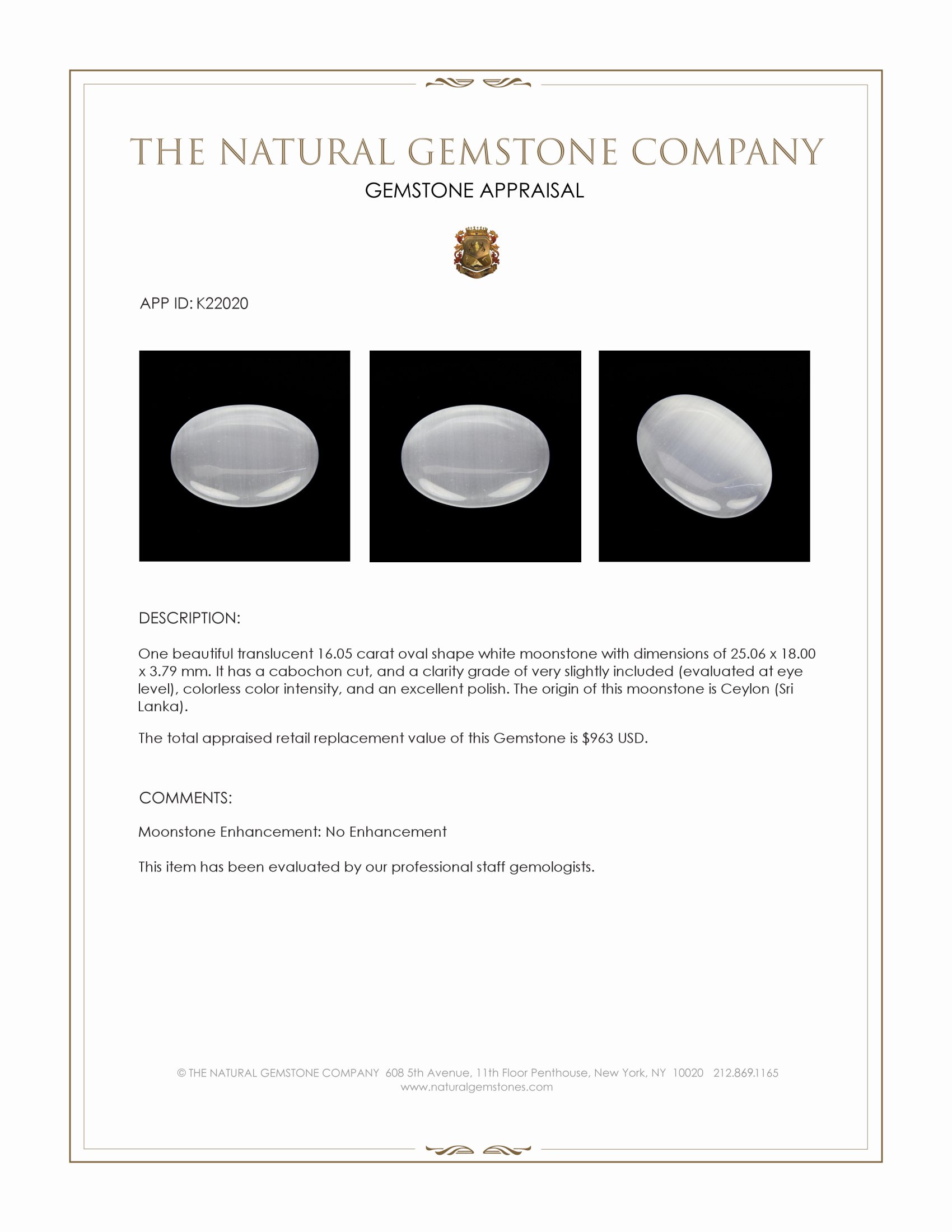16.05 Ct. White Cabochon Moonstone from Ceylon (Sri Lanka)