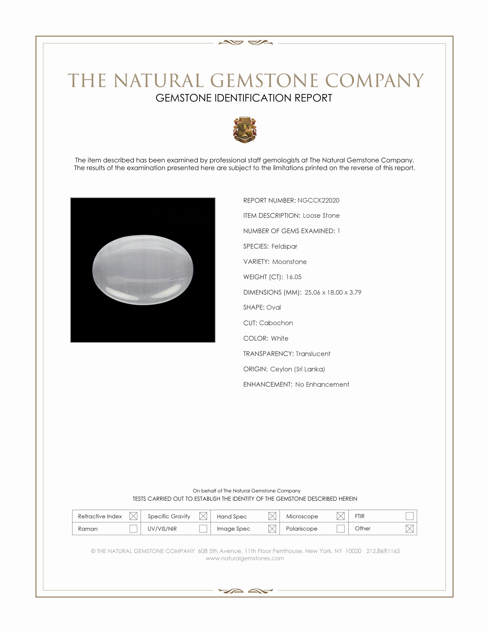 16.05 Ct. White Cabochon Moonstone from Ceylon (Sri Lanka)