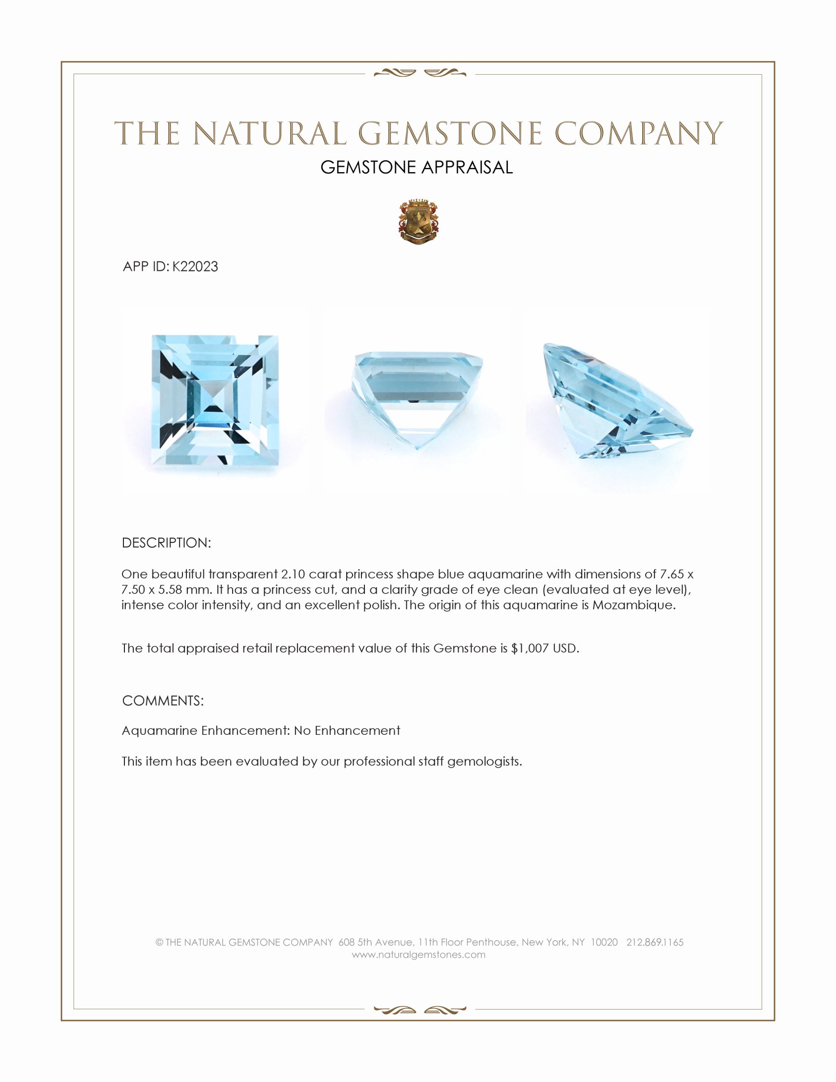 2.10 Ct. Aquamarine from Mozambique