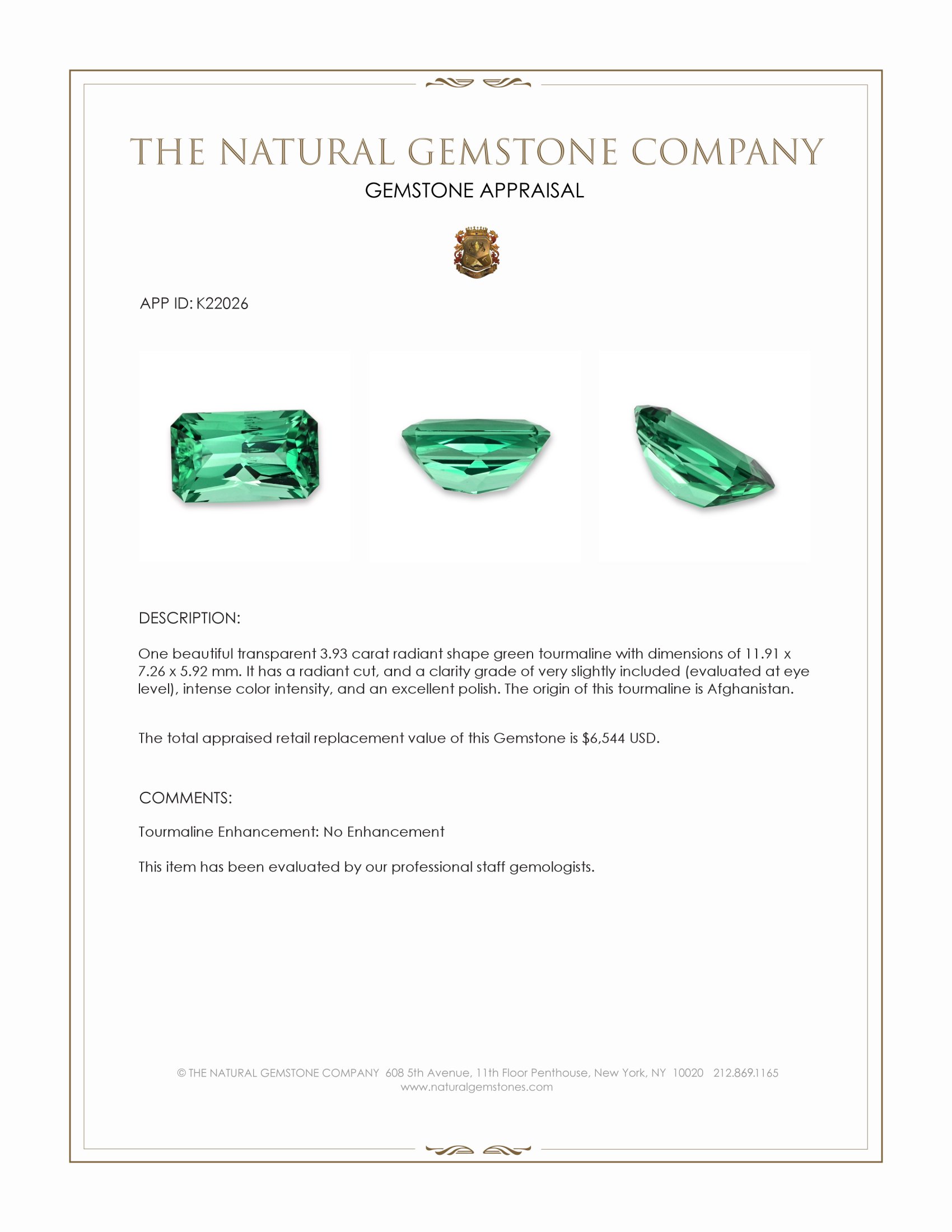 3.93 Ct. Green Tourmaline from Afghanistan