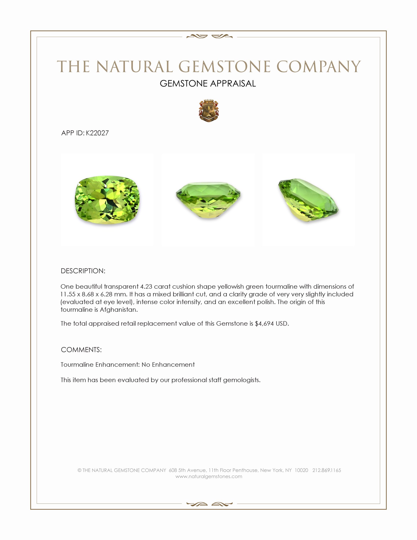 4.23 Ct. Yellowish Green Tourmaline from Afghanistan