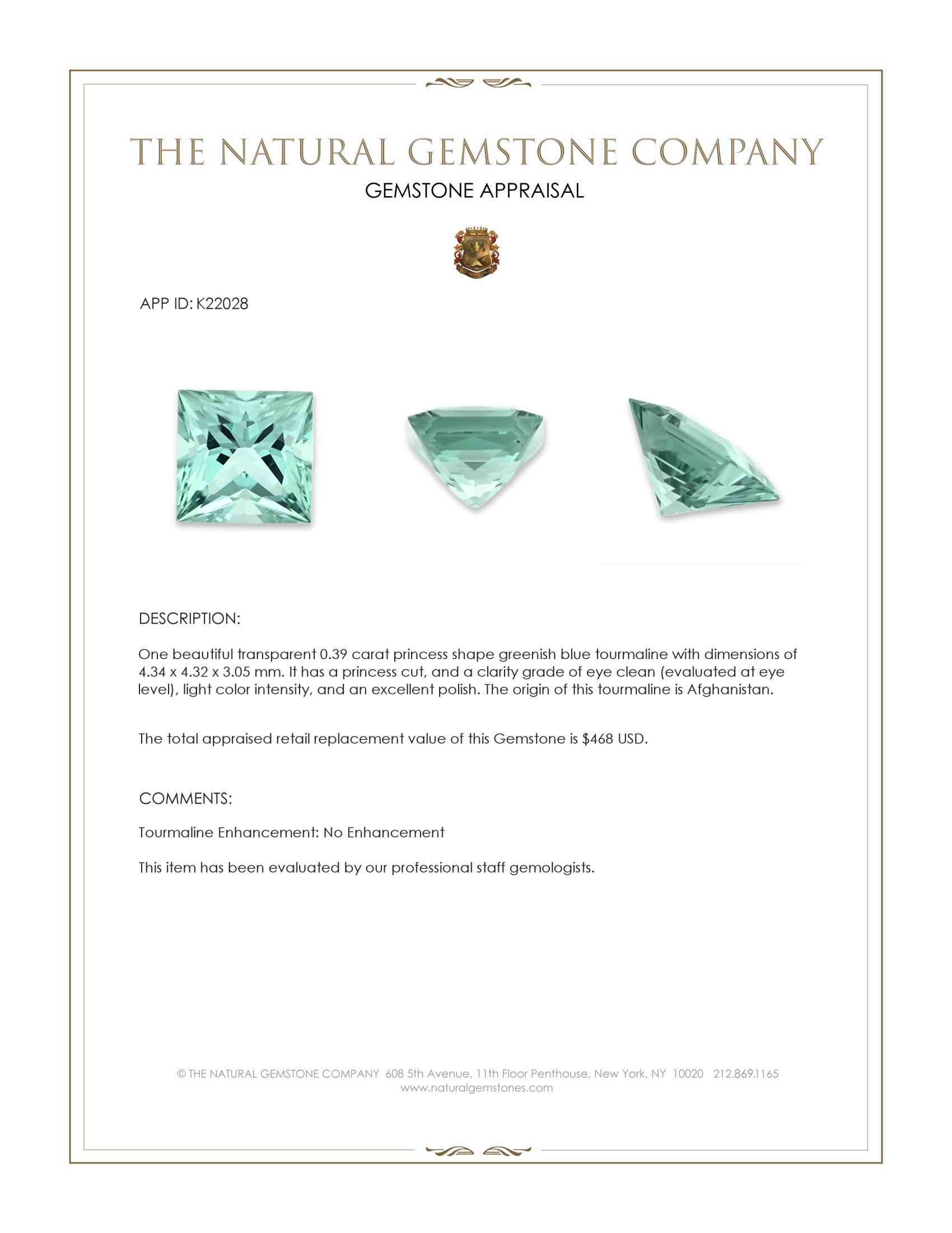0.39 Ct. Greenish Blue Tourmaline from Afghanistan