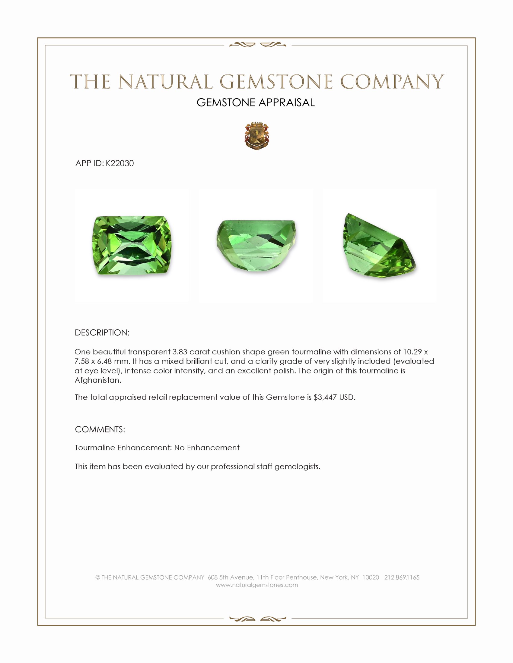 3.83 Ct. Green Tourmaline from Afghanistan