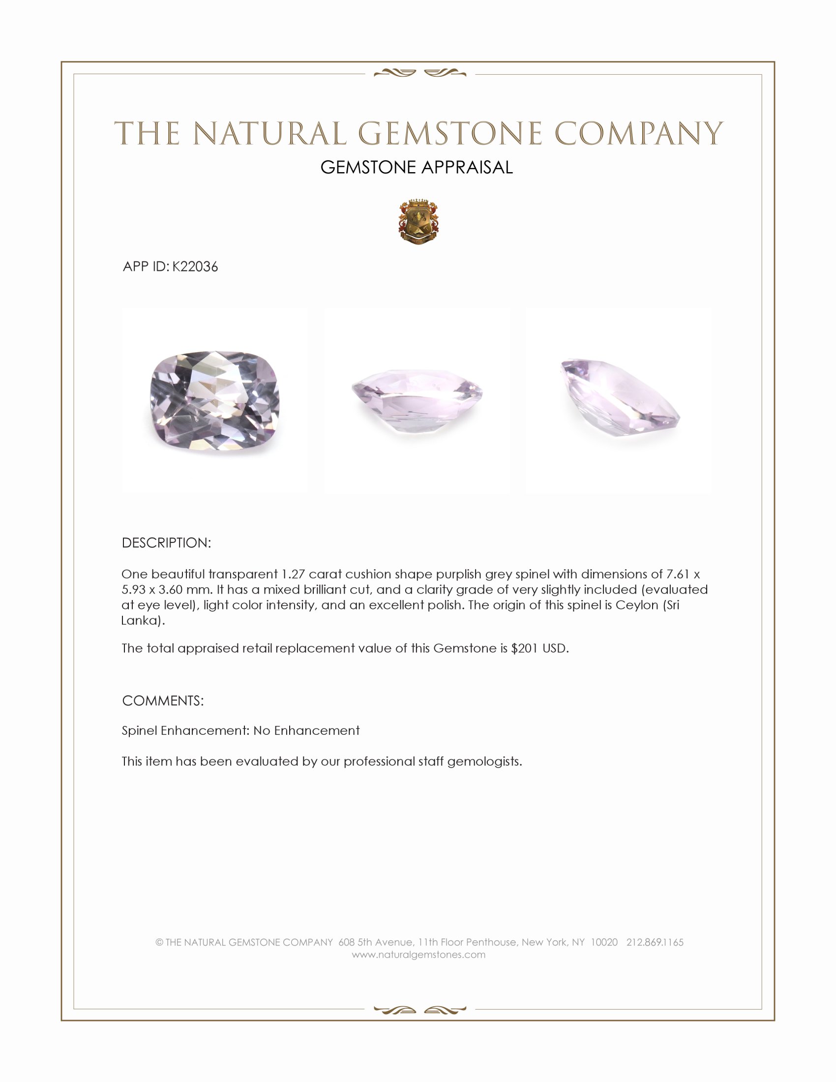 1.27 Ct. Purplish Grey Spinel from Ceylon (Sri Lanka)