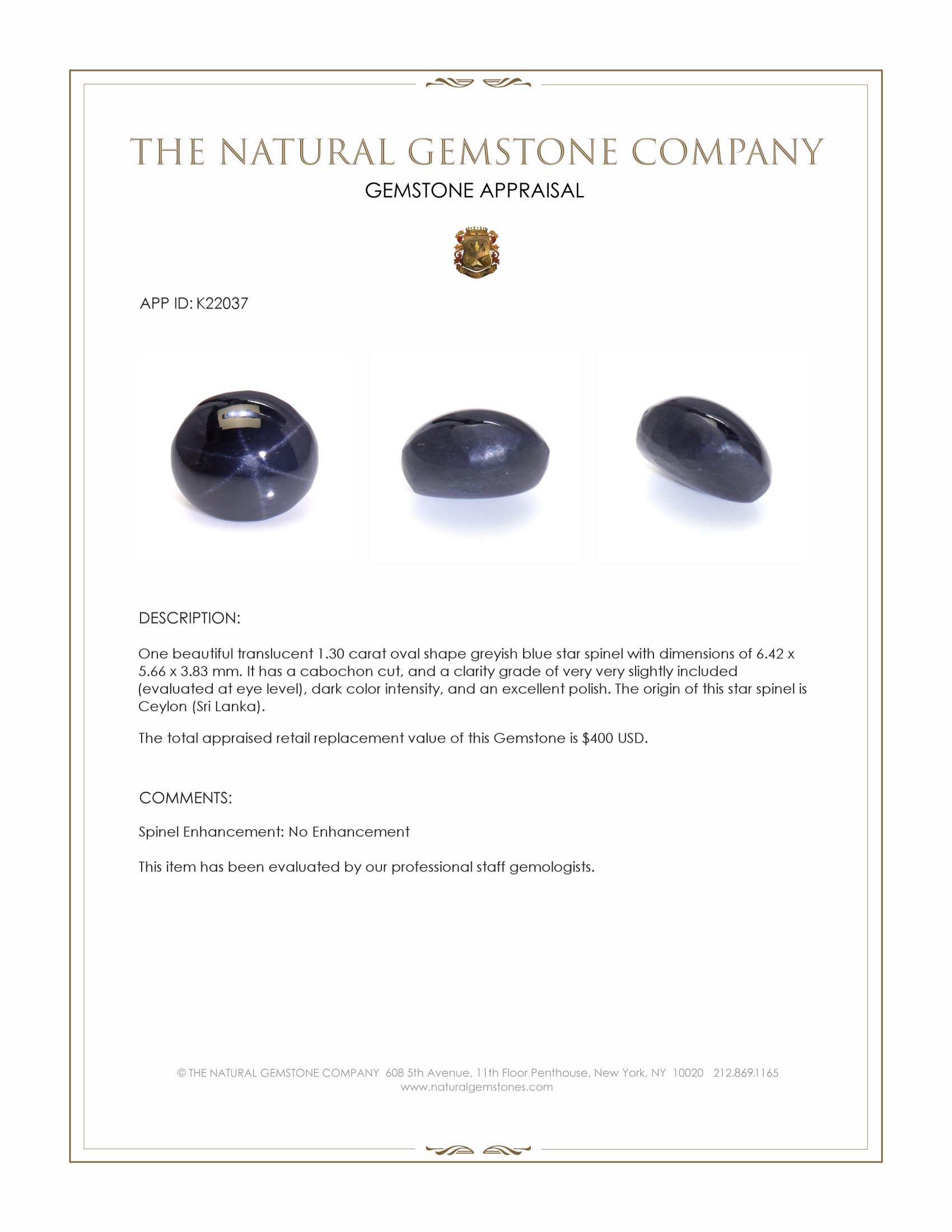 1.30 Ct. Greyish Blue Star Spinel from Ceylon (Sri Lanka)