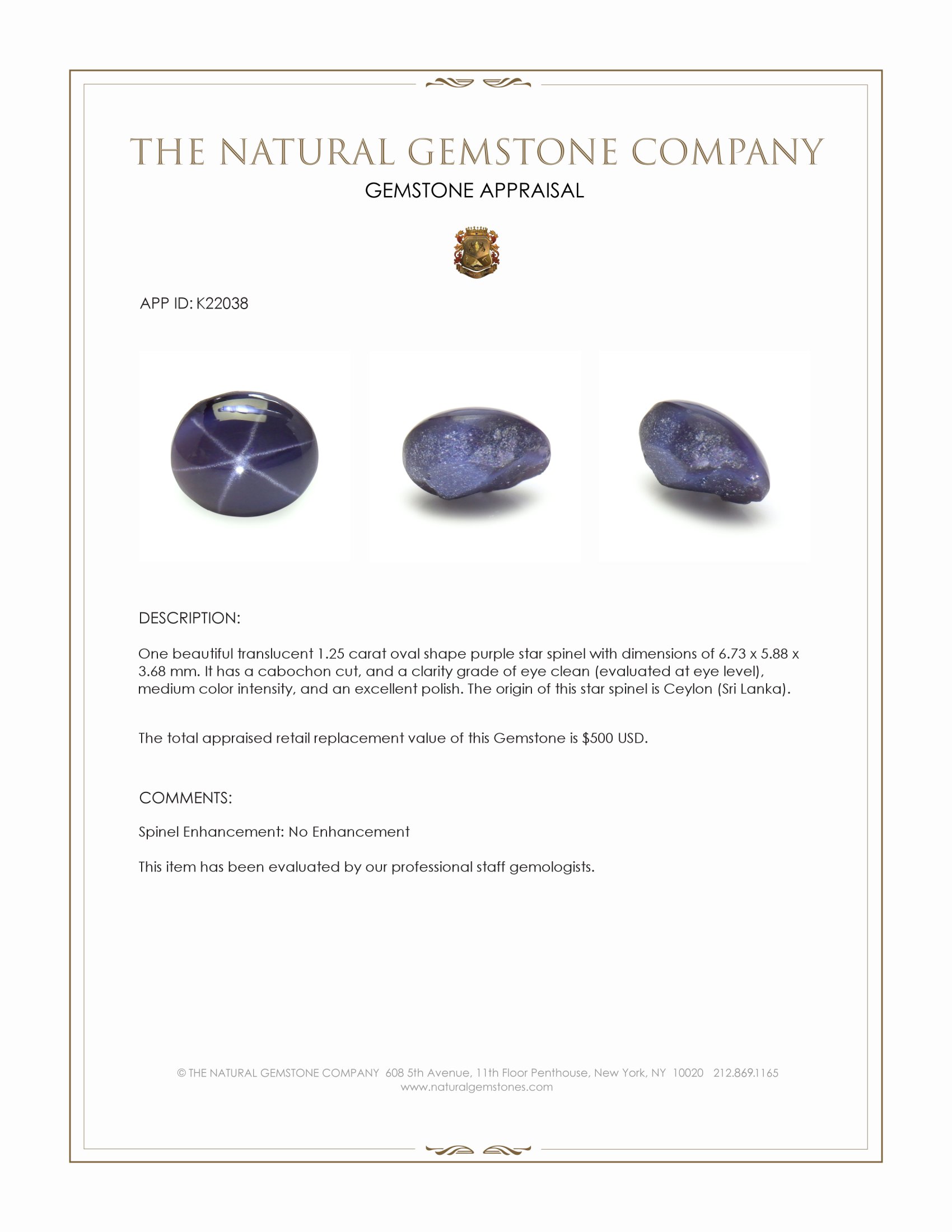 1.25 Ct. Purple Star Spinel from Ceylon (Sri Lanka)