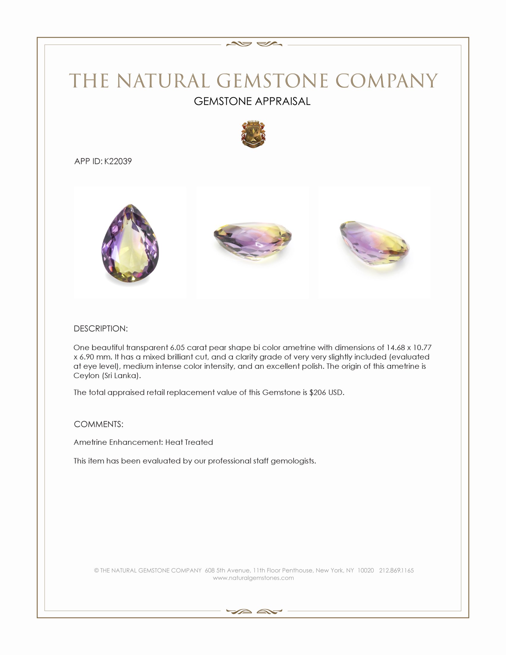 6.05 Ct. Ametrine from Ceylon (Sri Lanka)