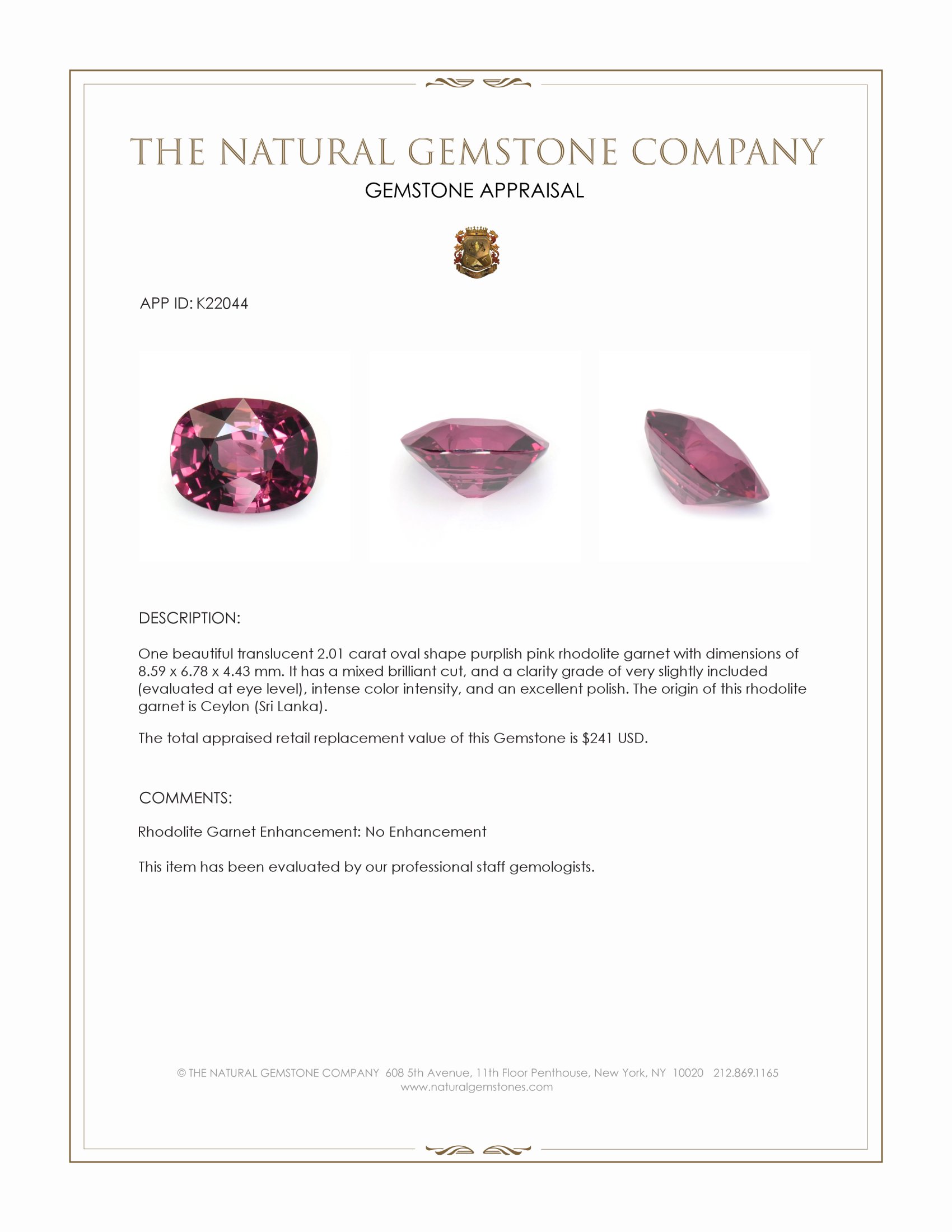 2.01 Ct. Rhodolite Garnet from Ceylon (Sri Lanka)