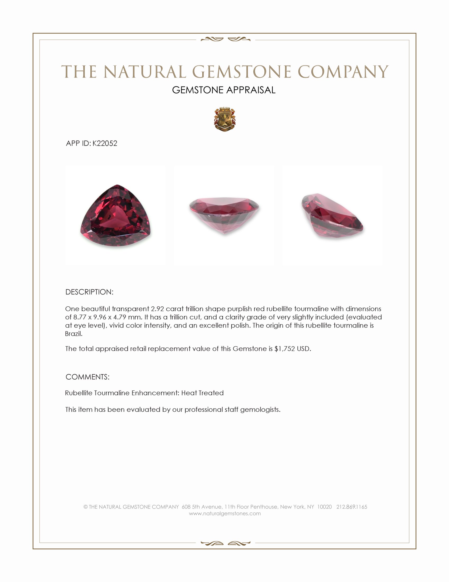 2.92 Ct. Purplish Red Rubellite Tourmaline from Brazil