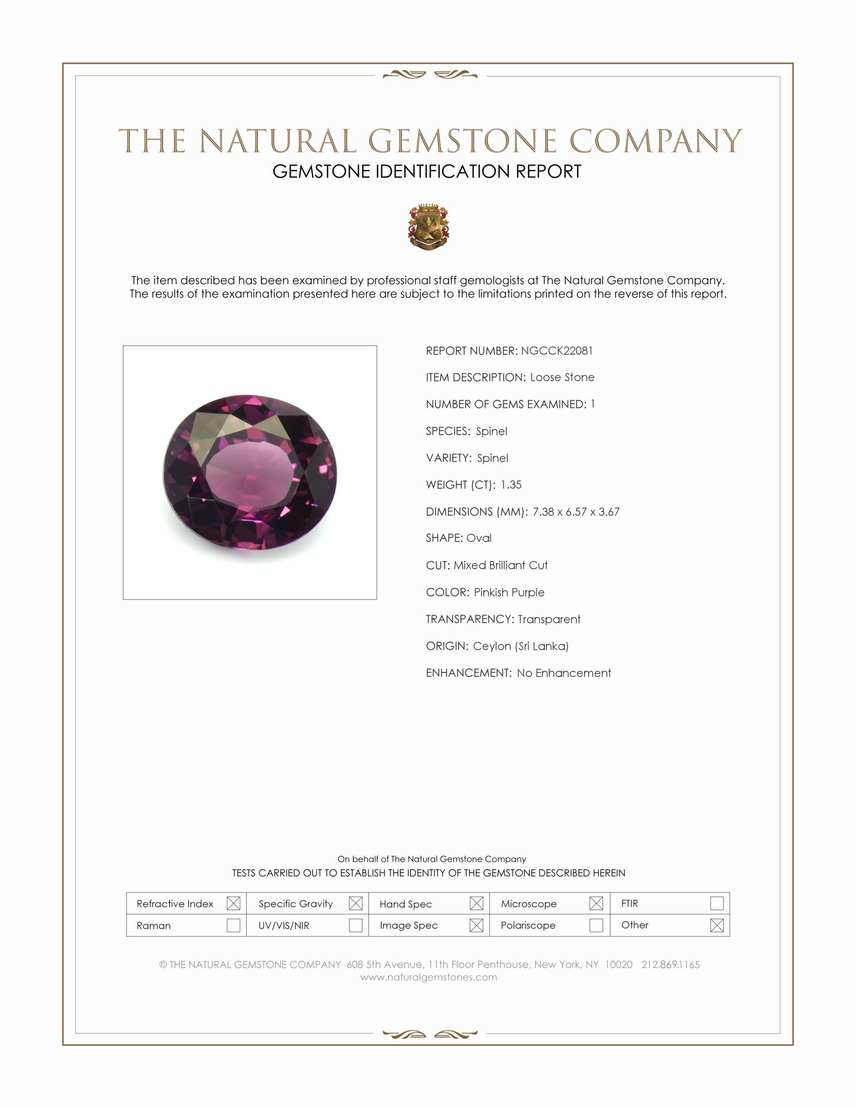 1.35 Ct. Pinkish Purple Spinel from Ceylon (Sri Lanka)