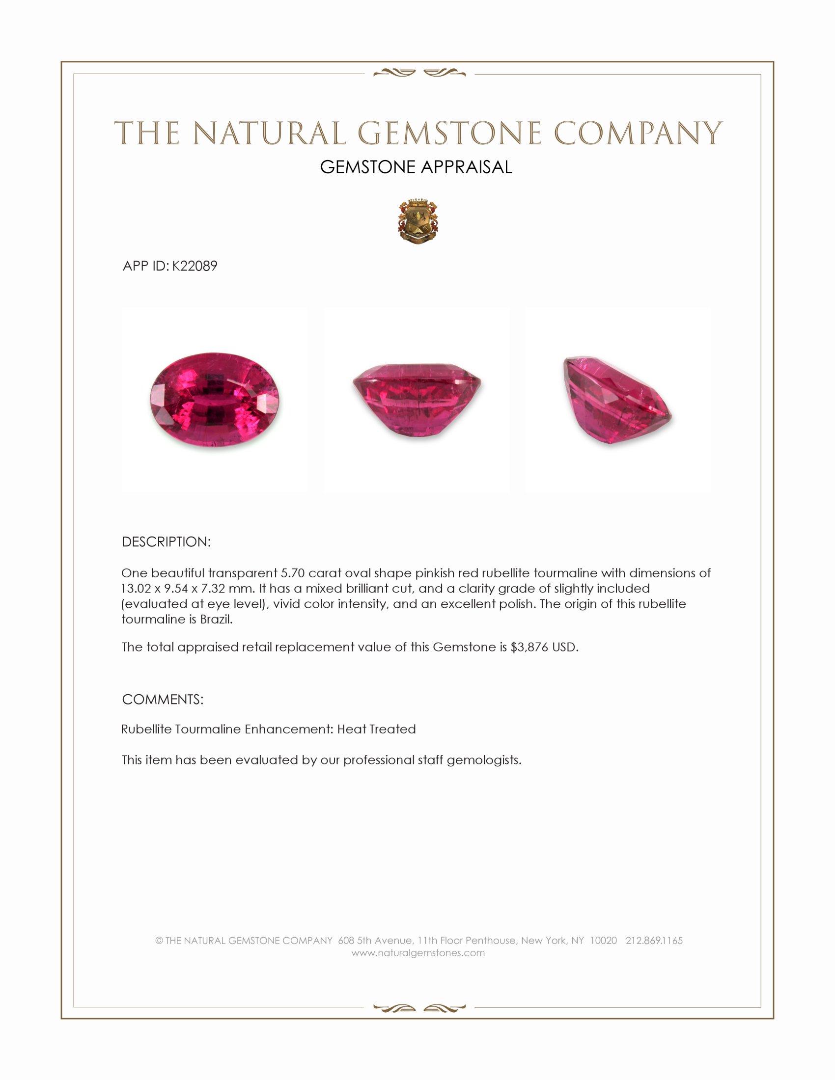 5.70 Ct. Pinkish Red Rubellite Tourmaline from Brazil