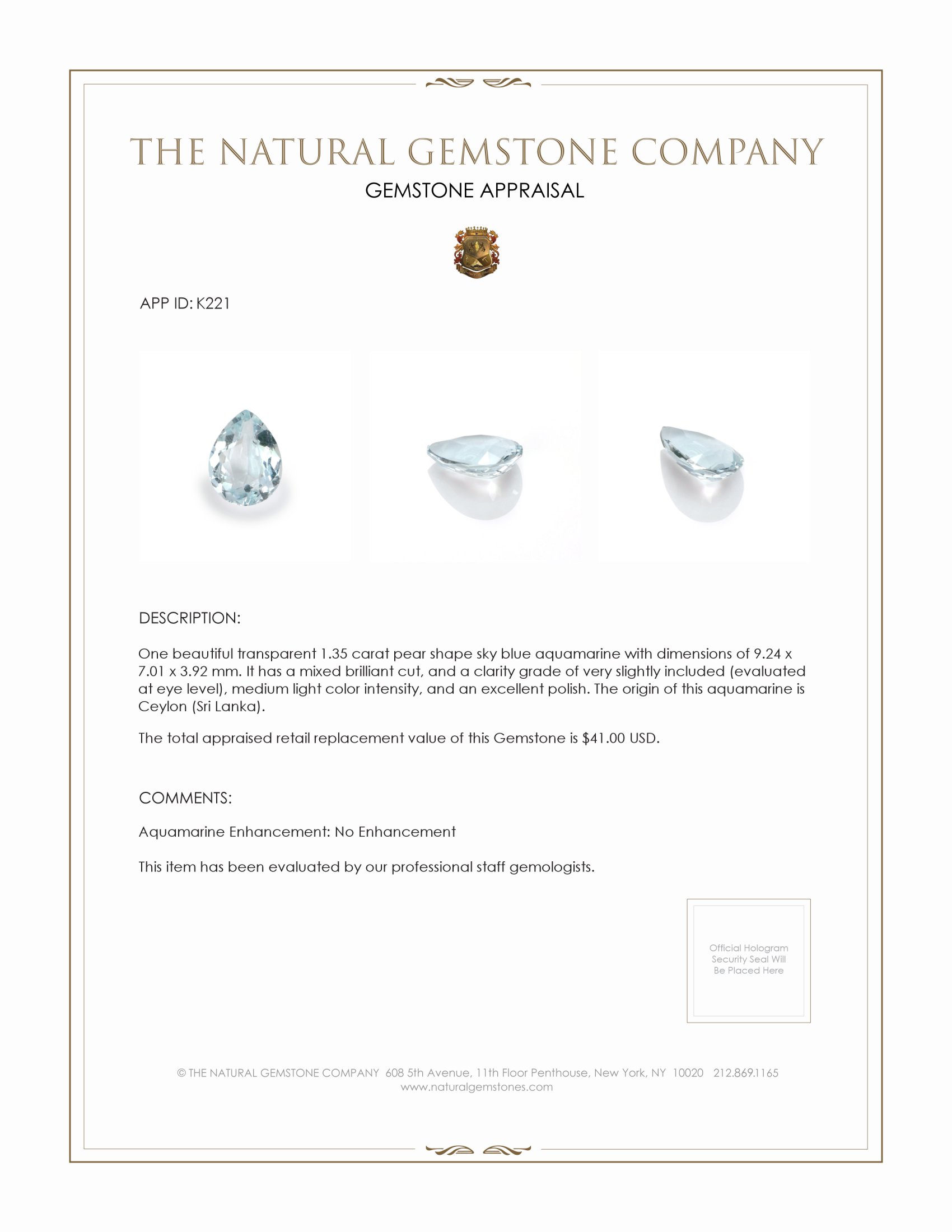 1.35 Ct. Aquamarine from Ceylon (Sri Lanka)