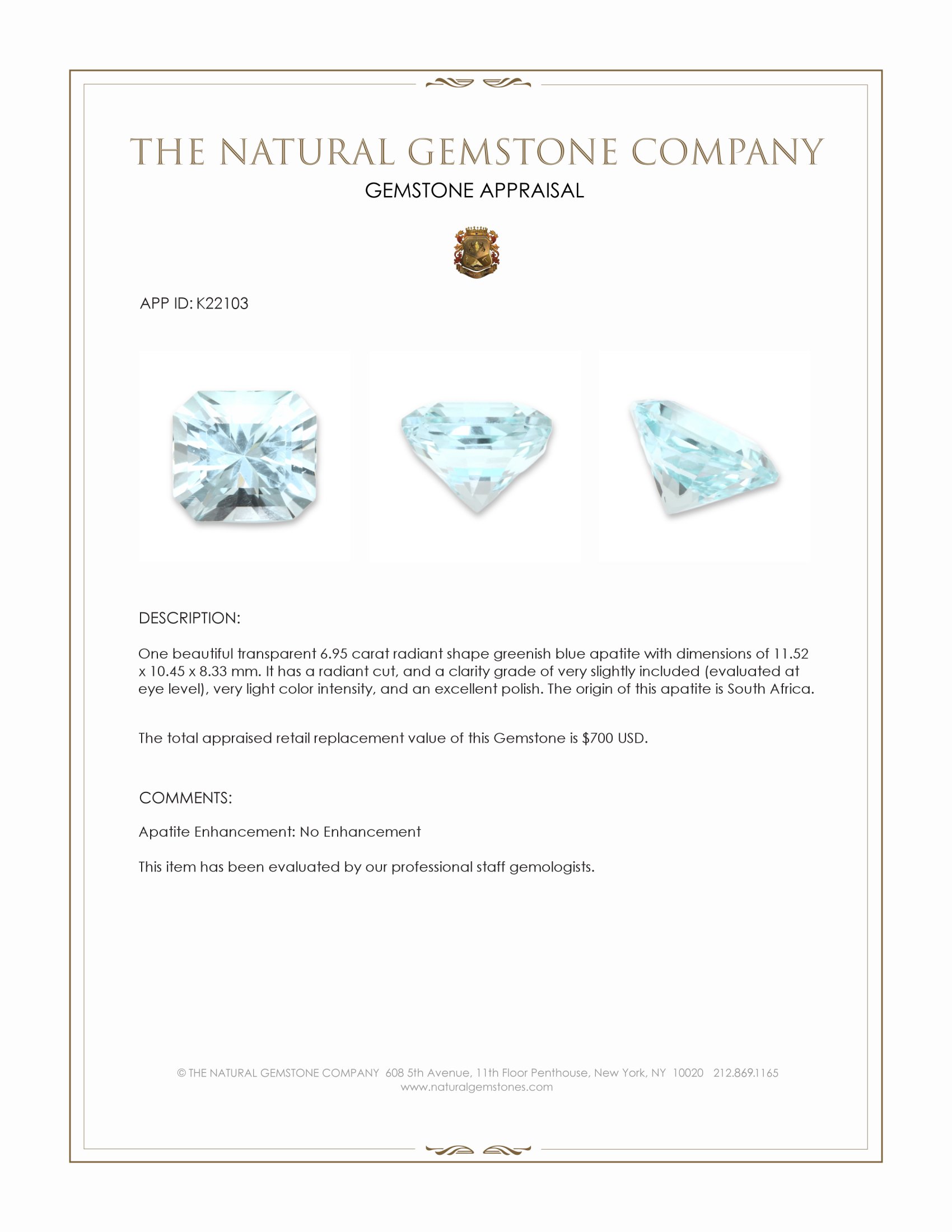 6.95 Ct. Apatite from South Africa