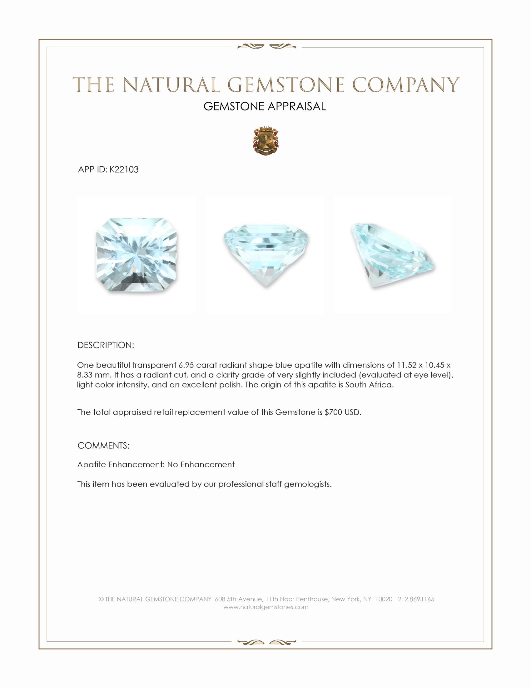 6.95 Ct. Blue Apatite from South Africa