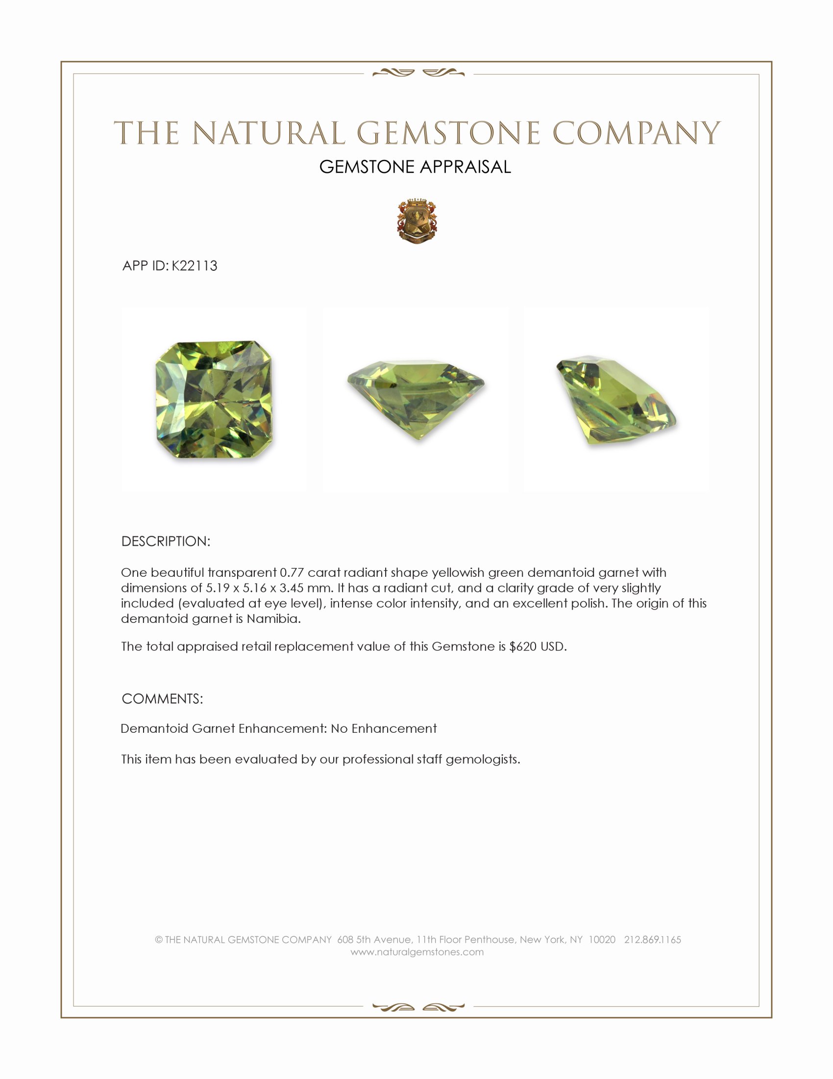 0.77 Ct. Demantoid Garnet from Namibia