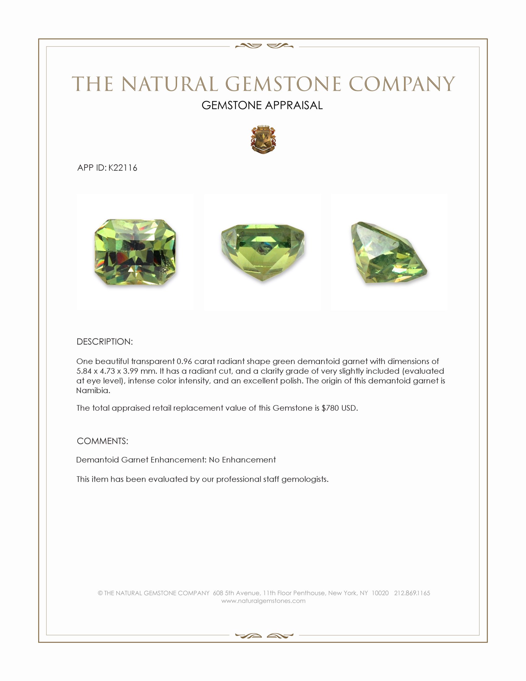 0.96 Ct. Demantoid Garnet from Namibia
