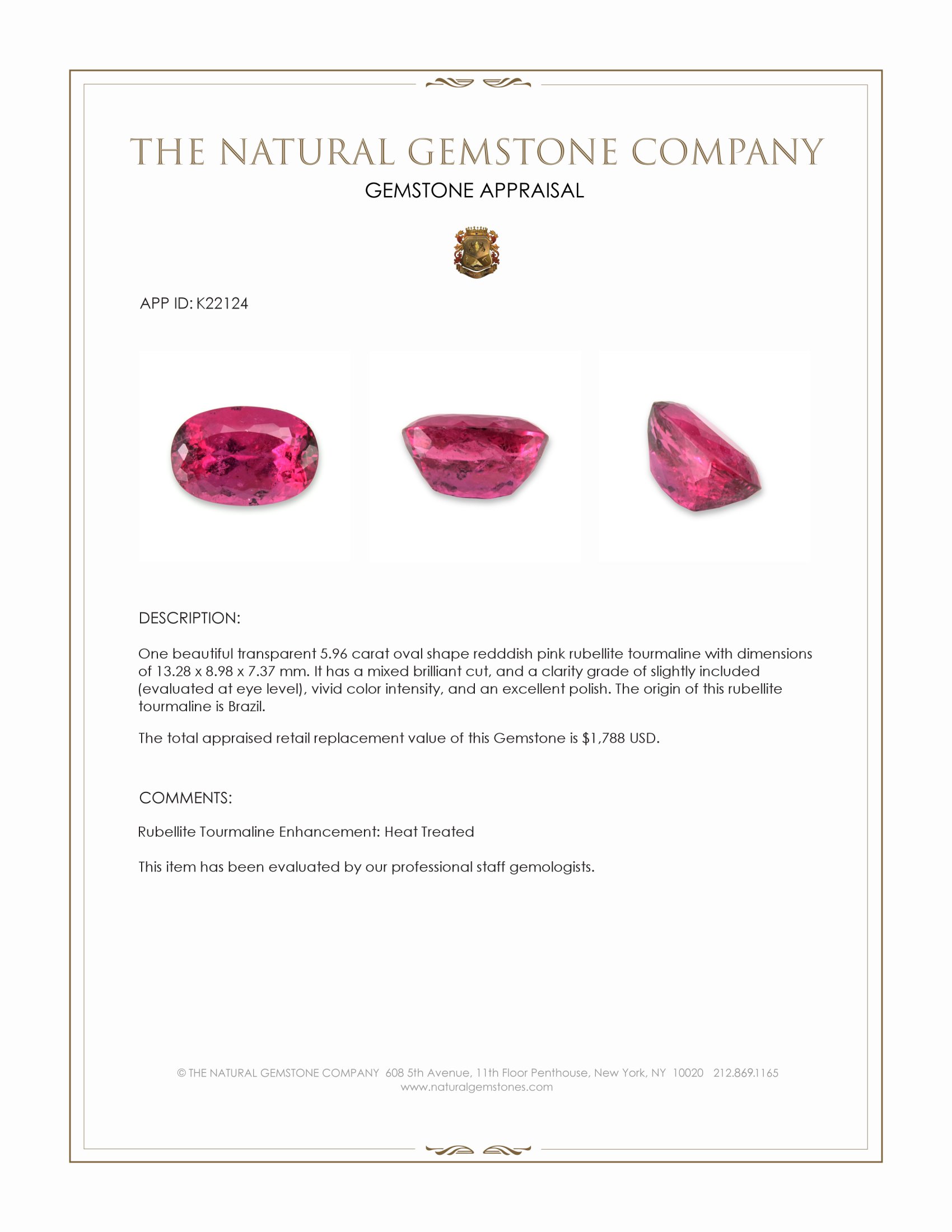 5.96 Ct. Redddish Pink Rubellite Tourmaline from Brazil