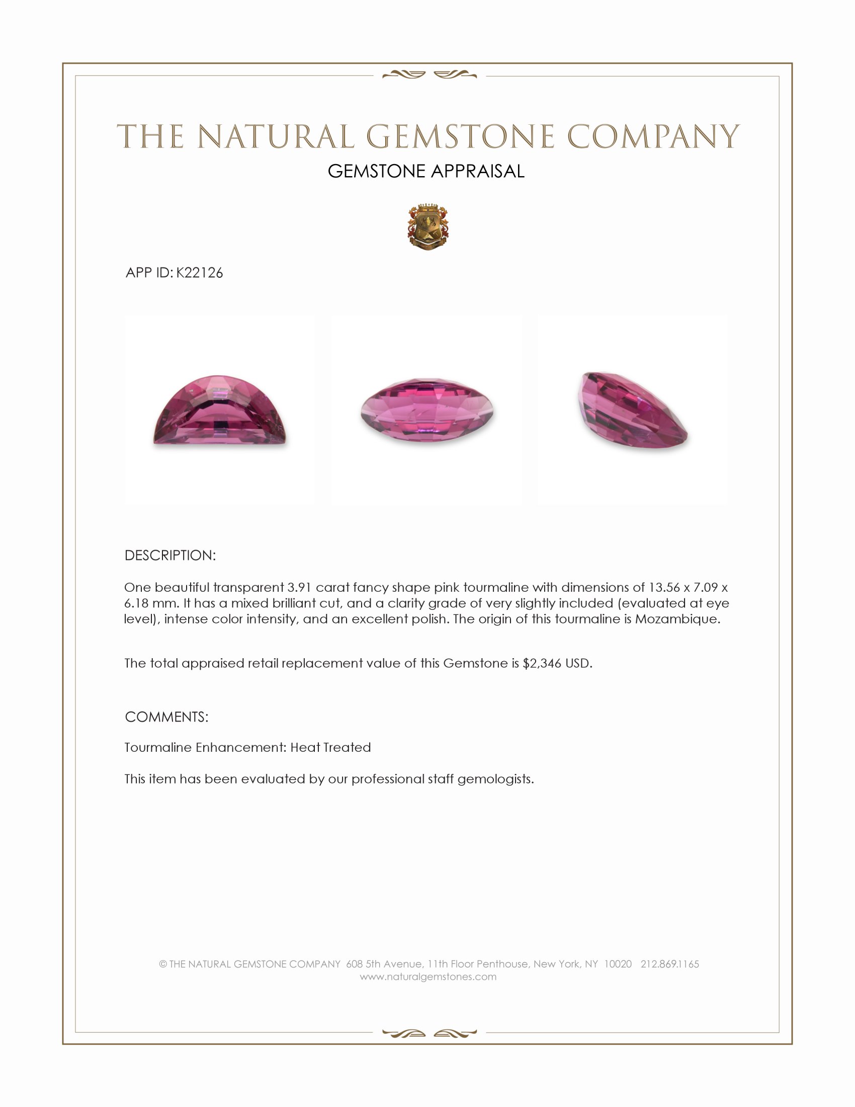 3.91 Ct. Pink Tourmaline from Mozambique