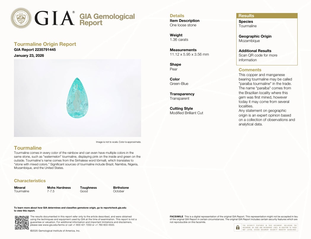 1.36 Ct. Paraiba Tourmaline from Mozambique