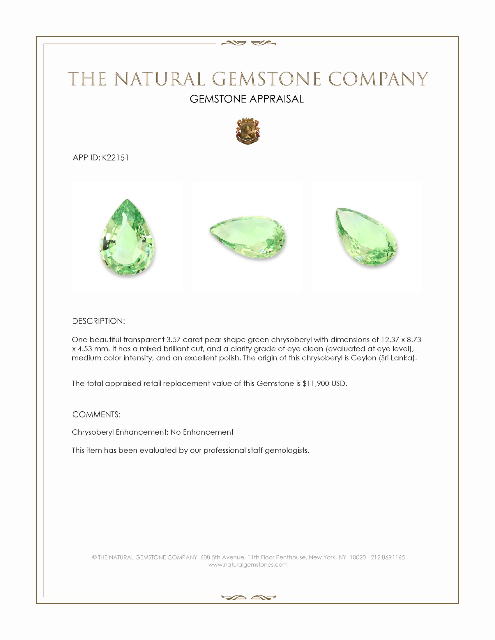 3.57 Ct. Chrysoberyl from Ceylon (Sri Lanka)