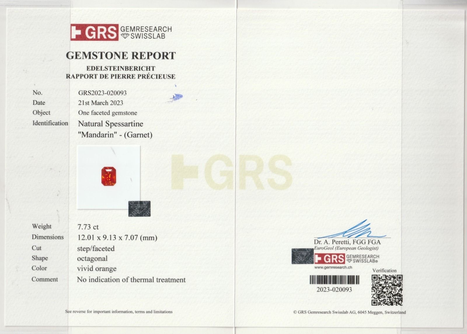 7.73 Ct. Spessartite Garnet from Ceylon (Sri Lanka)