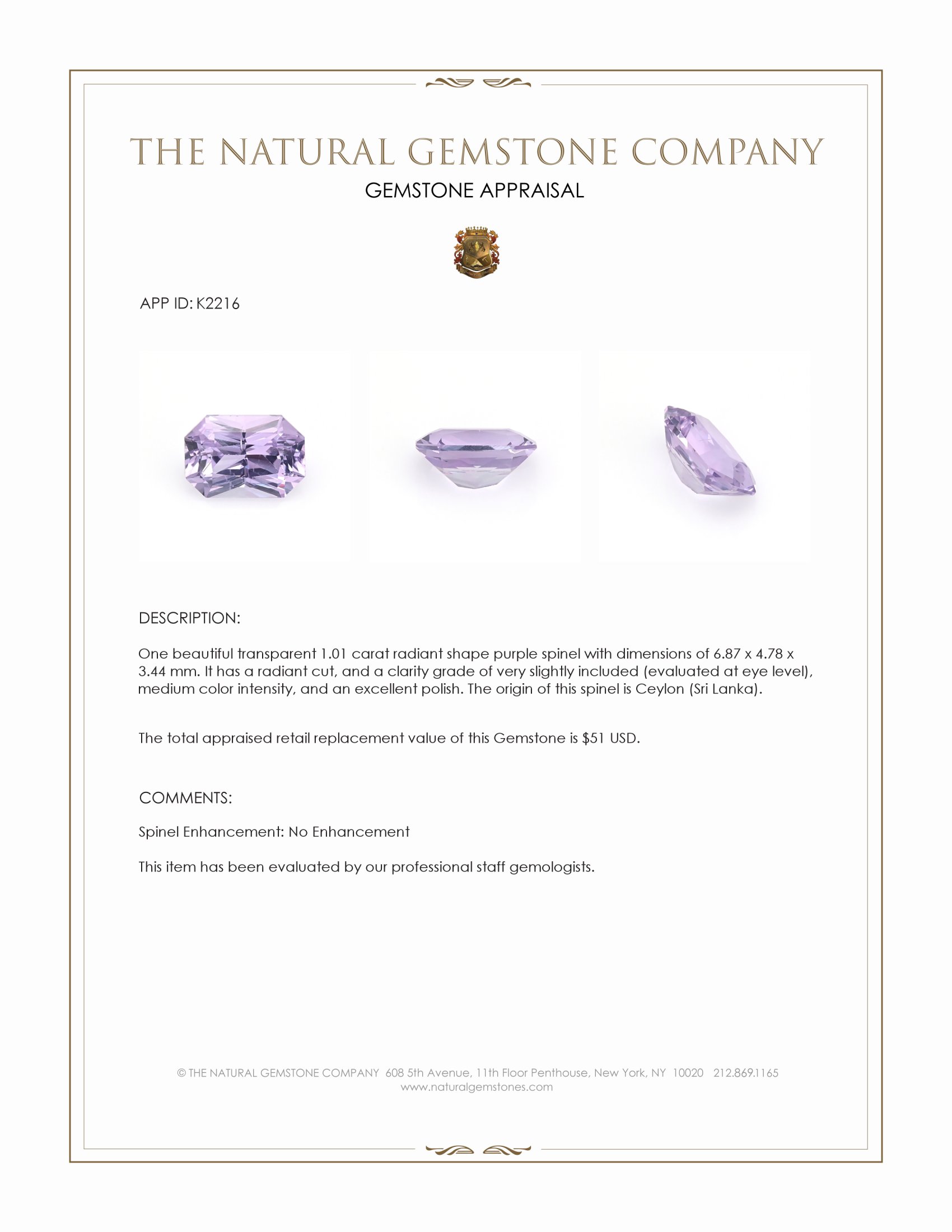 1.01 Ct. Purple Spinel from Ceylon (Sri Lanka)