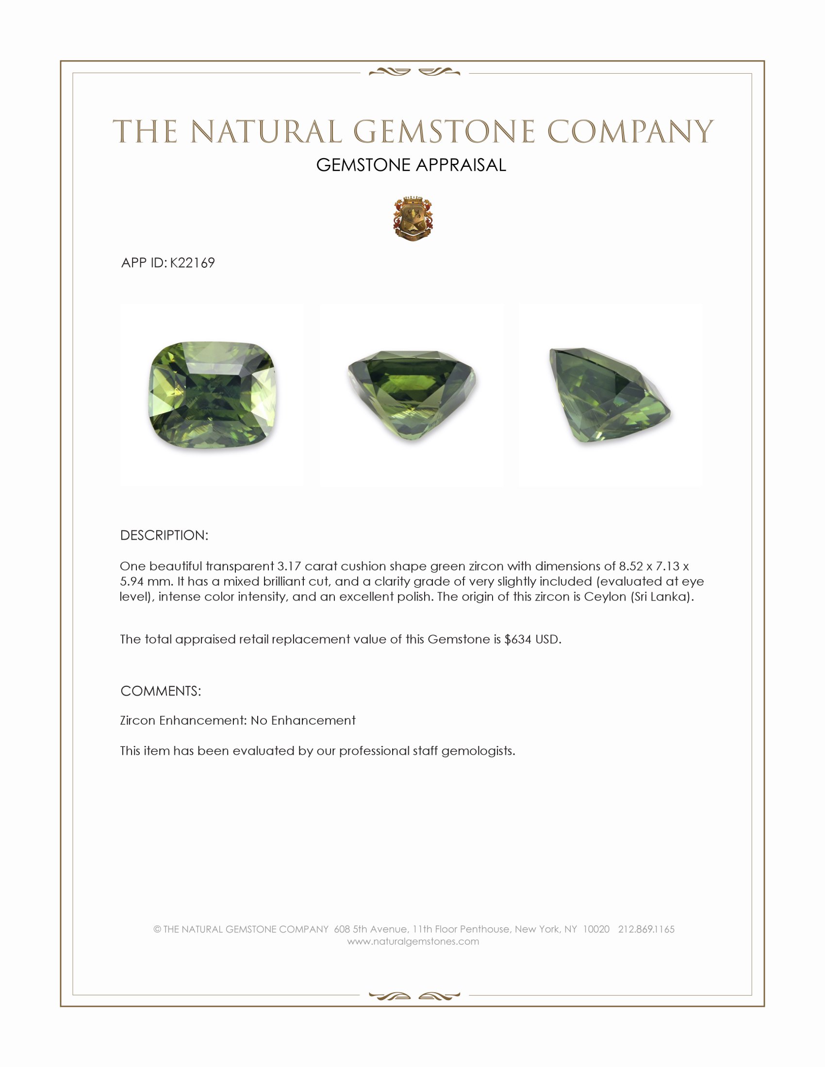 3.17 Ct. Green Zircon from Ceylon (Sri Lanka)