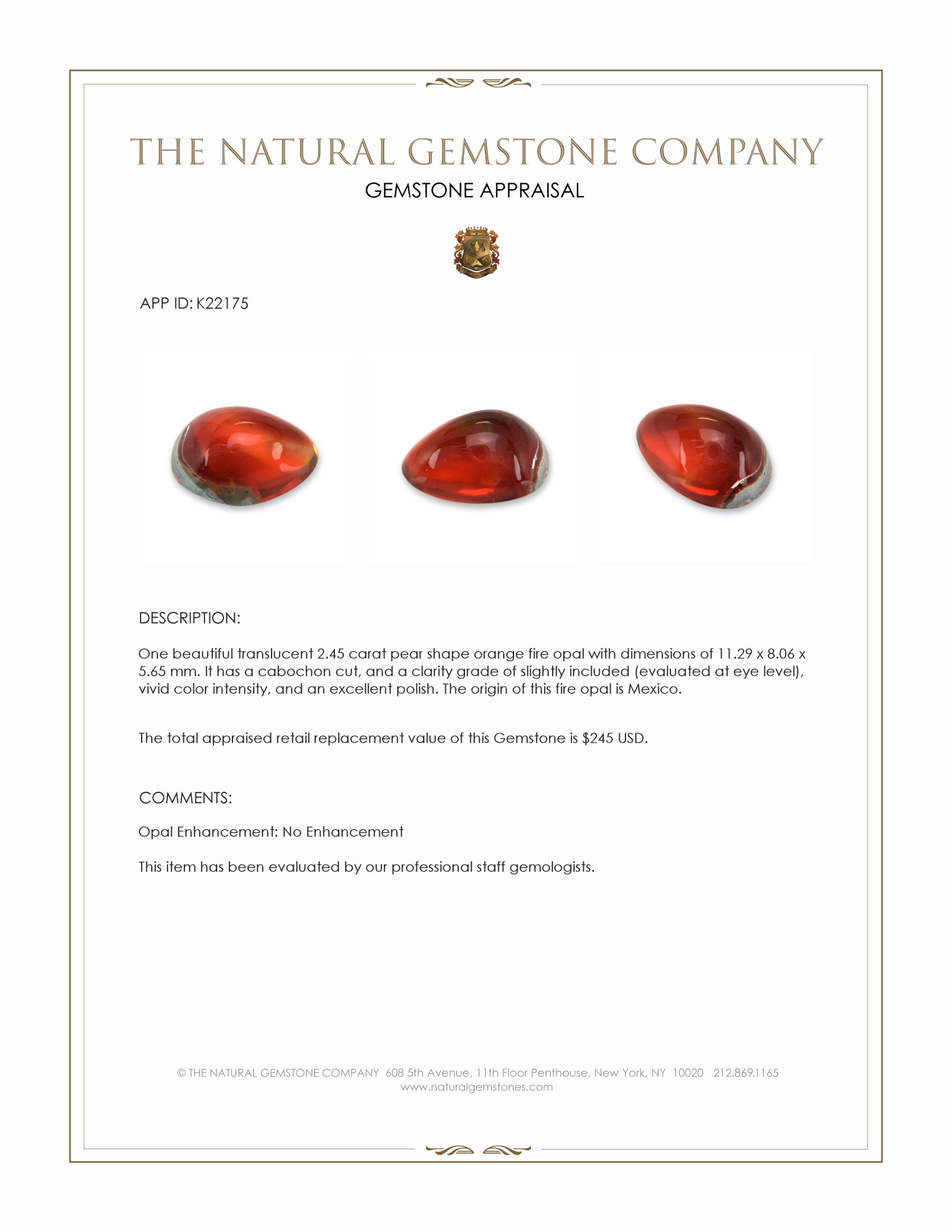 2.45 Ct. Orange Cabochon Fire Opal from Mexico