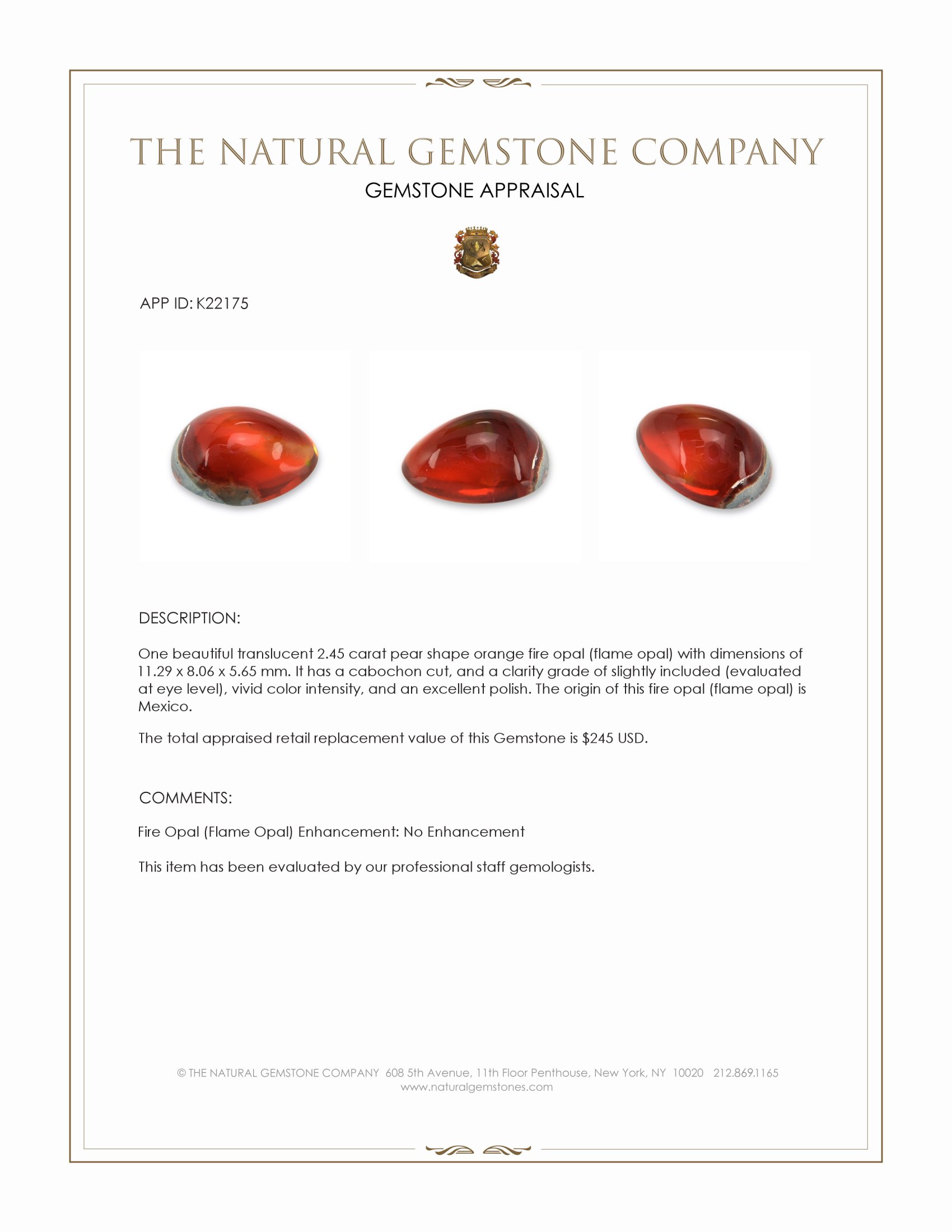 2.45 Ct. Orange Cabochon Fire Opal (Flame Opal) from Mexico