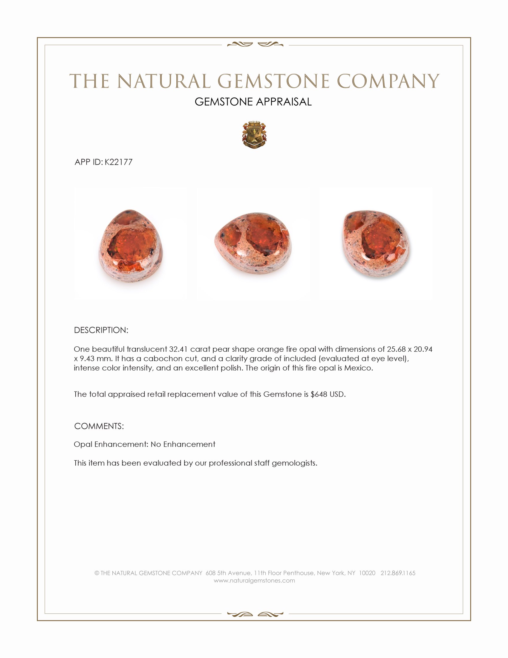 32.41 Ct. Cabochon Fire Opal from Mexico