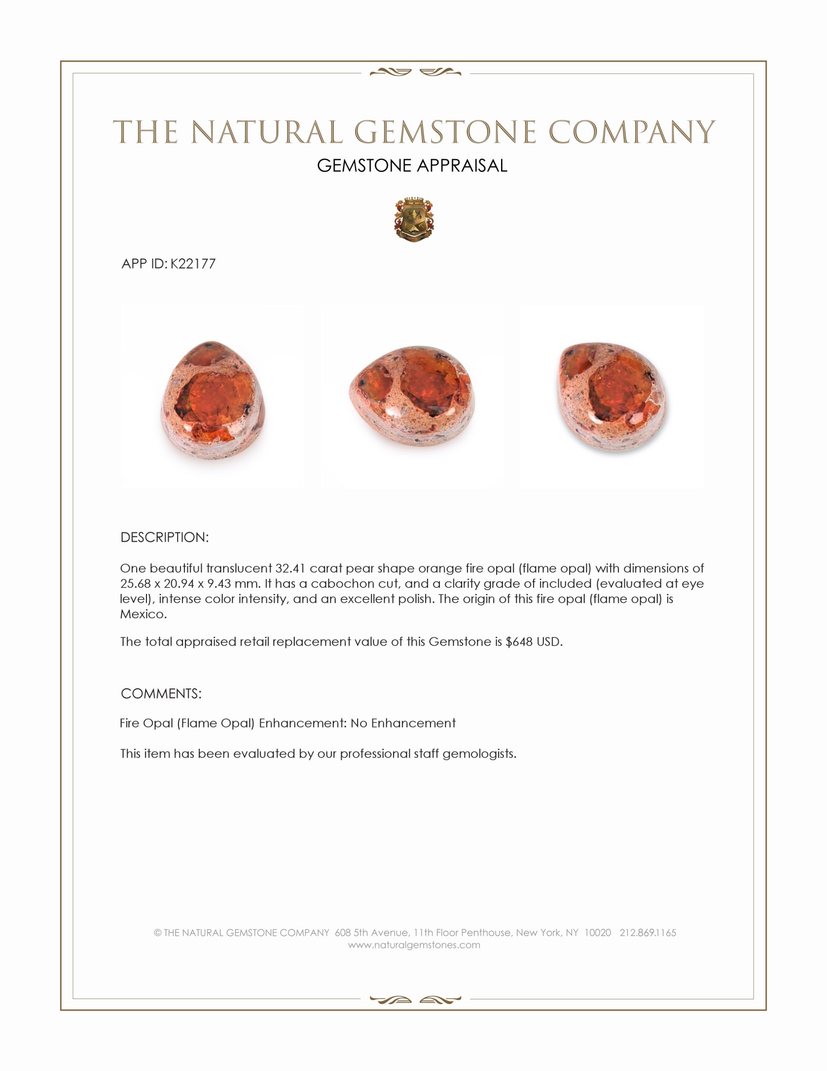 32.41 Ct. Orange Cabochon Fire Opal (Flame Opal) from Mexico