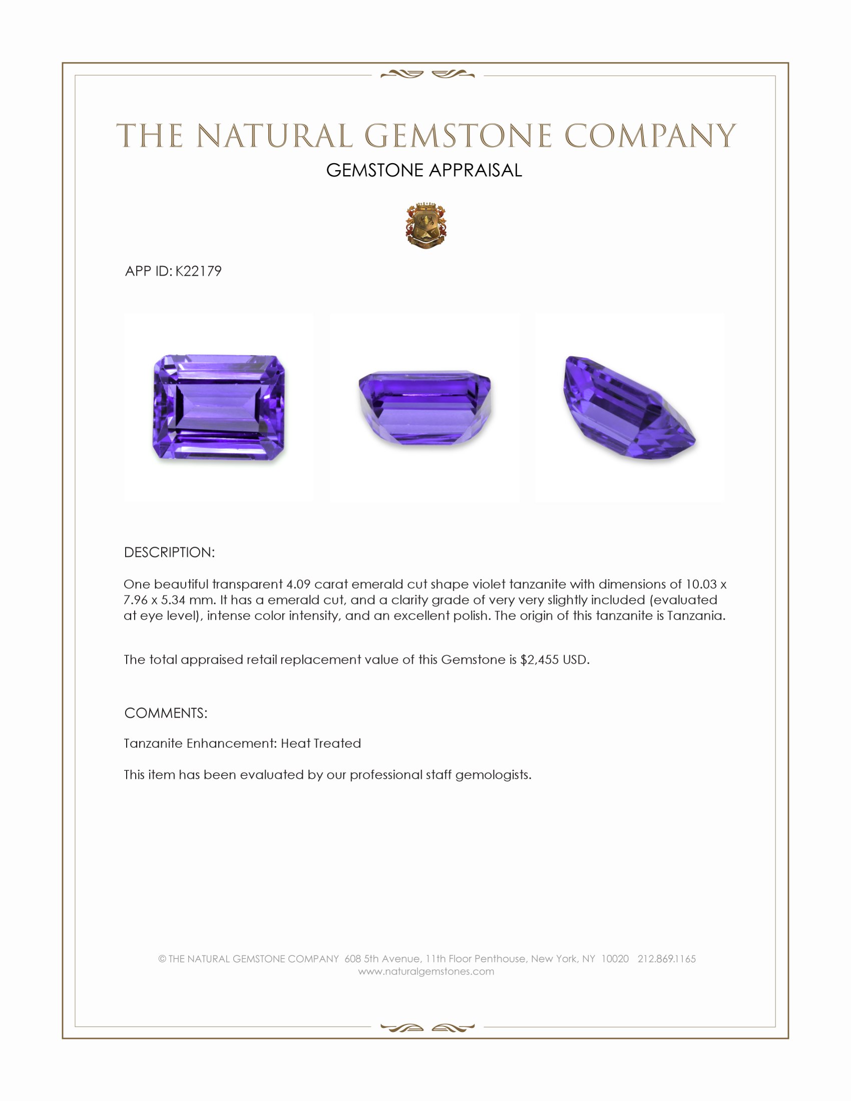 4.09 Ct. Tanzanite from Tanzania