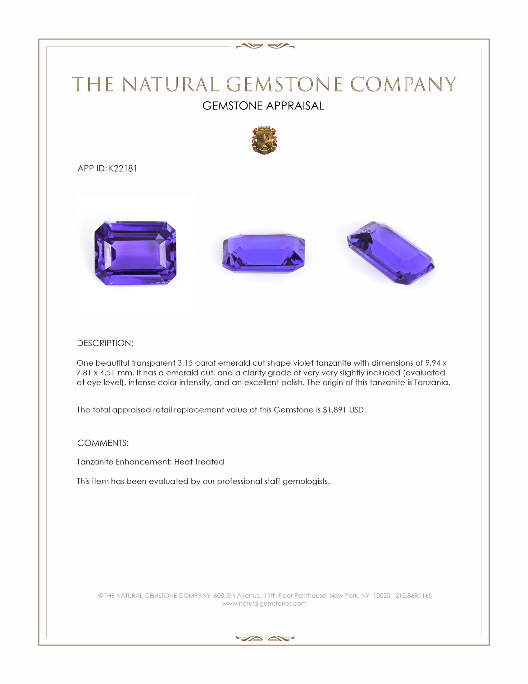3.15 Ct. Violet Tanzanite from Tanzania