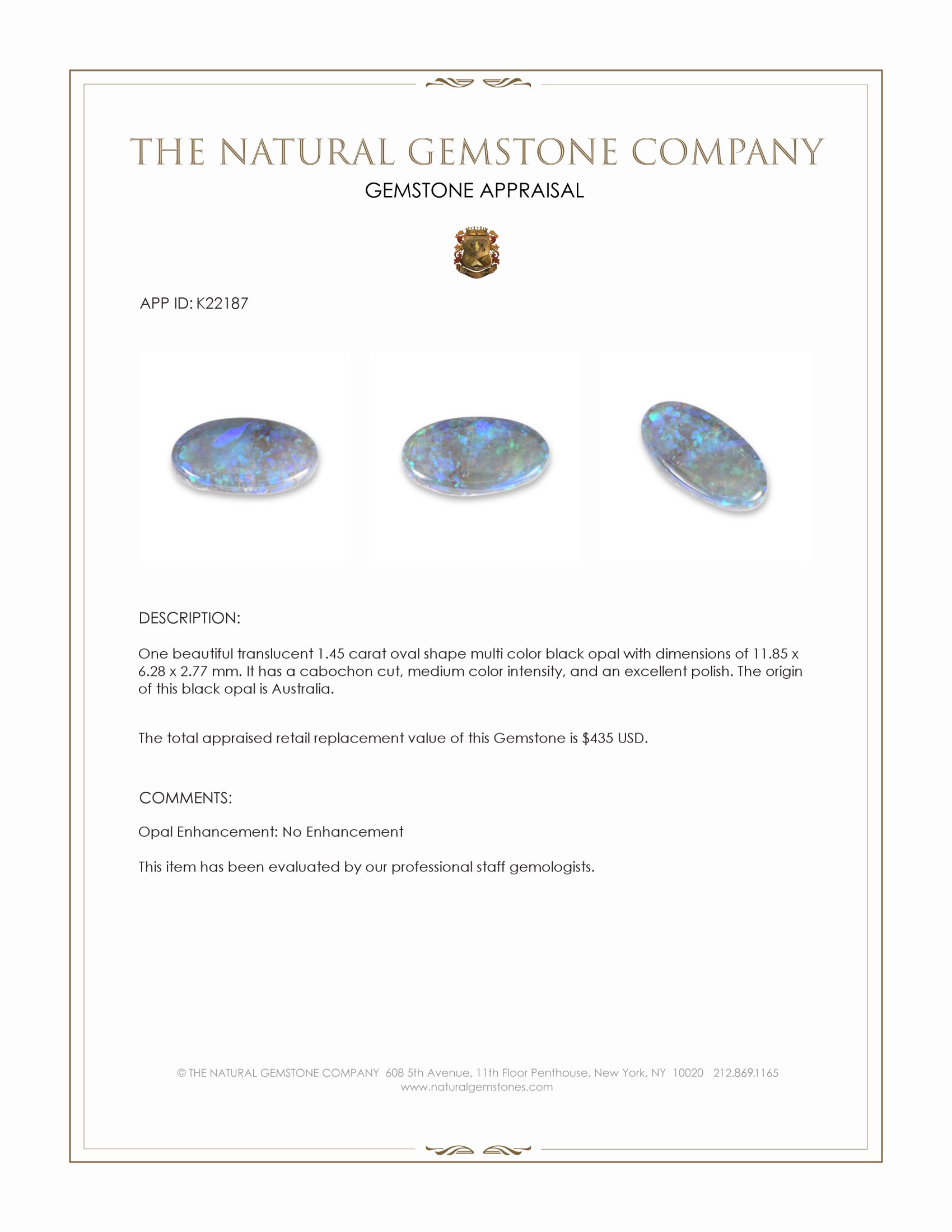 1.45 Ct. Multi Color Cabochon Black Opal from Australia