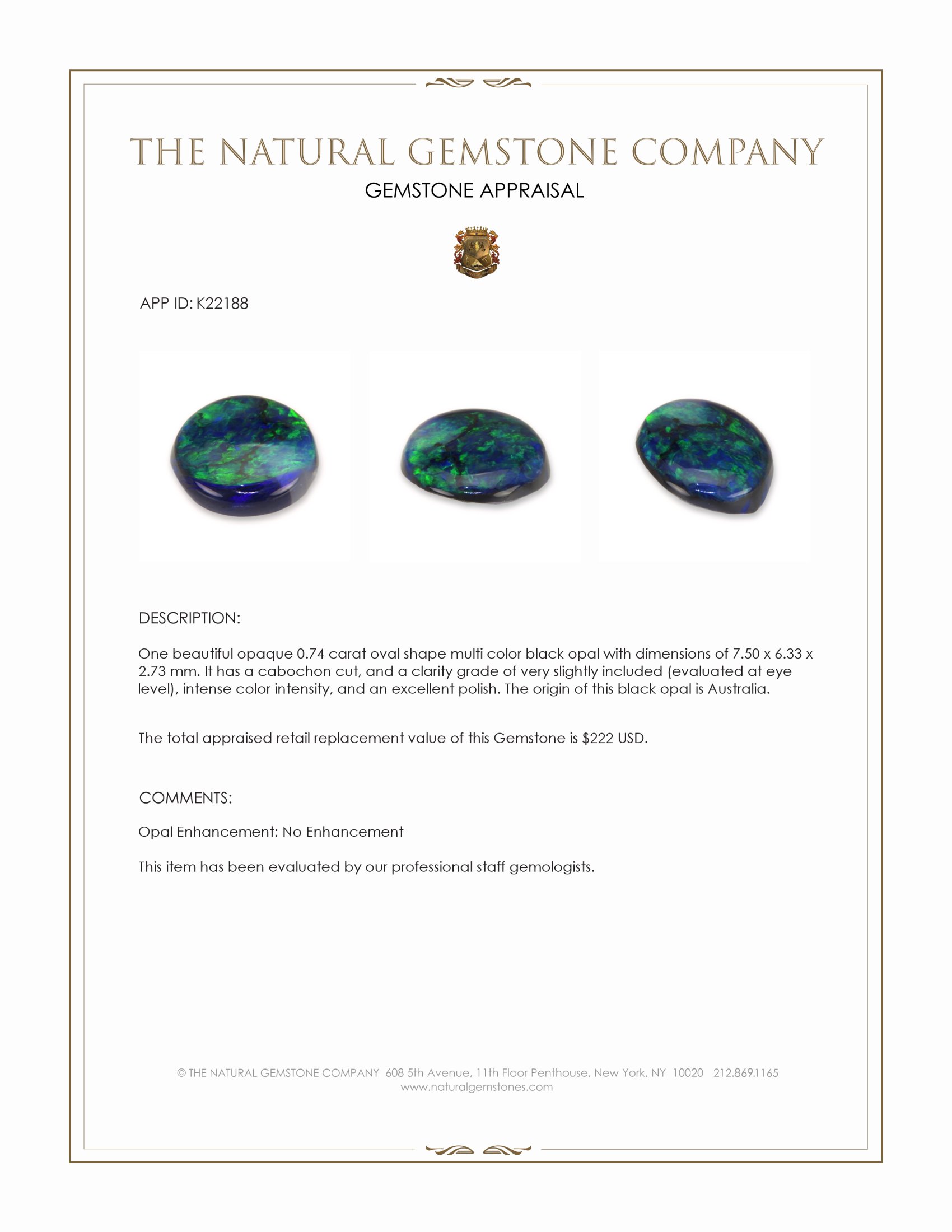 0.74 Ct. Multi Color Cabochon Black Opal from Australia