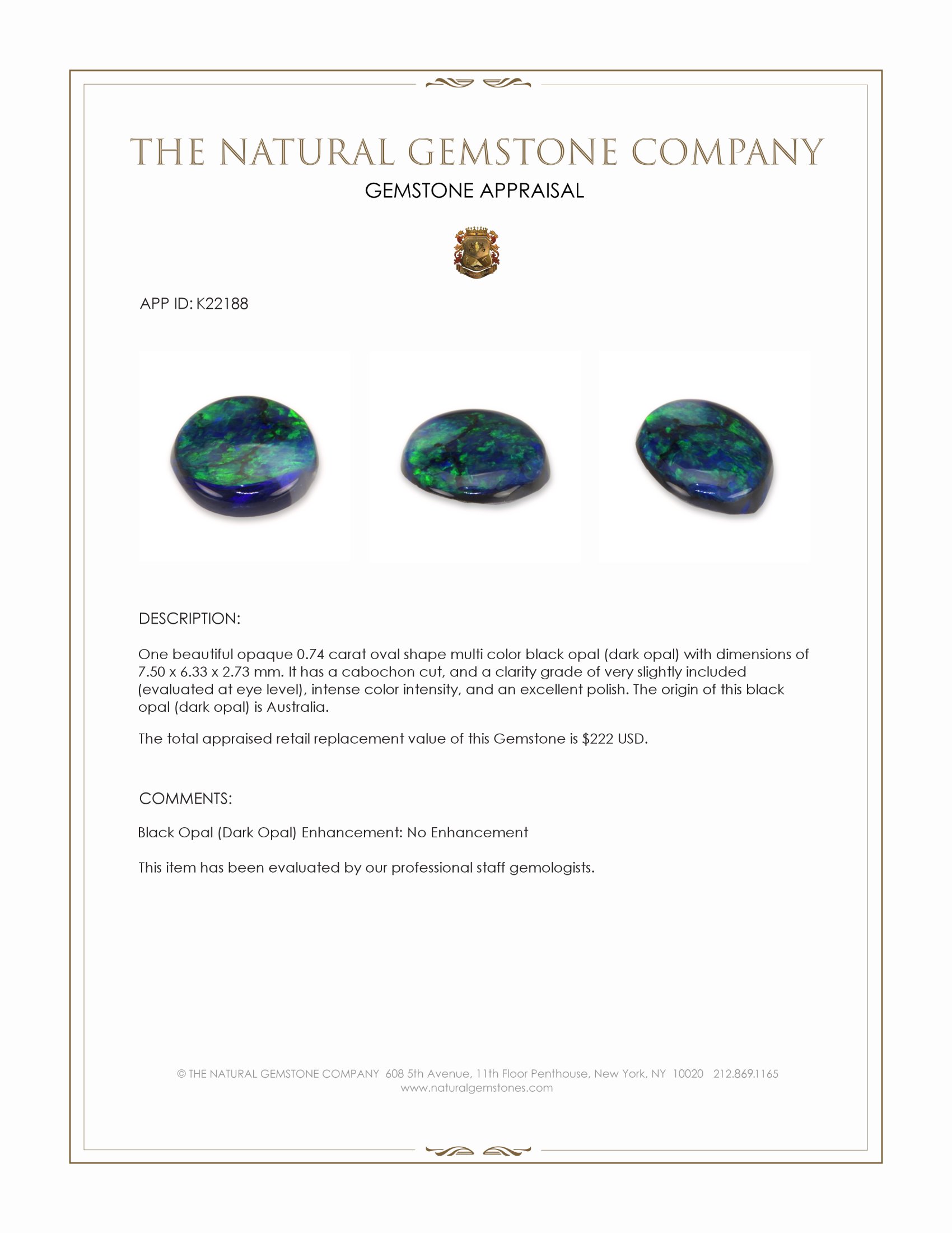 0.74 Ct. Multi Color Cabochon Black Opal (Dark Opal) from Australia