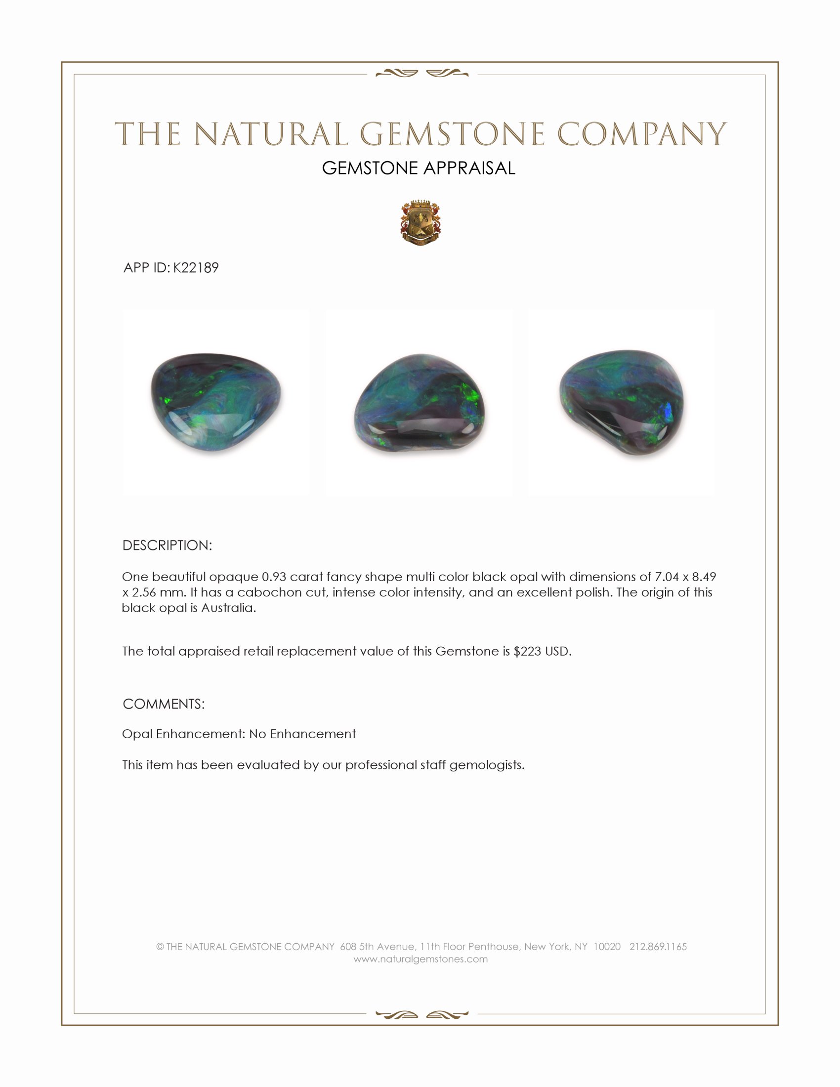 0.93 Ct. Cabochon Black Opal from Australia