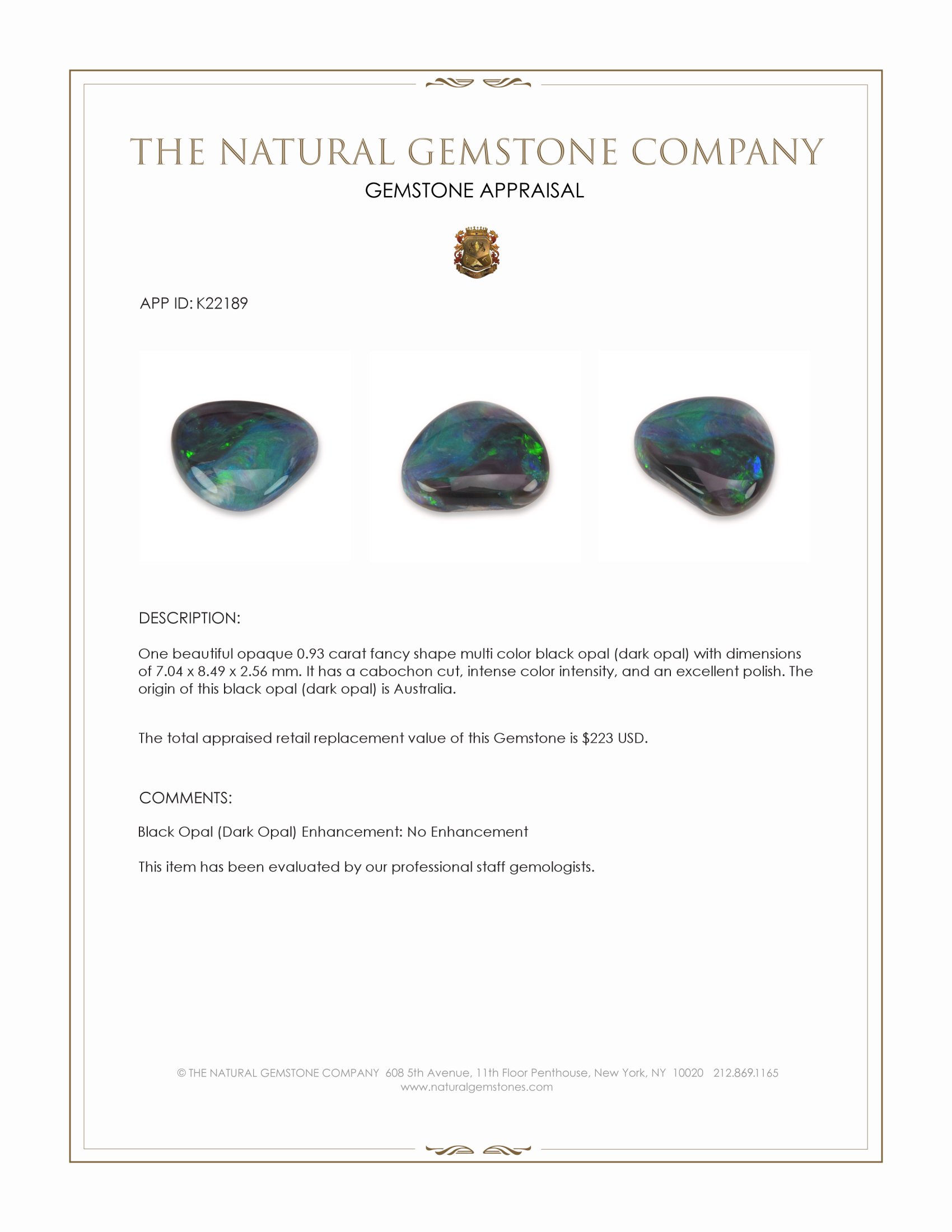 0.93 Ct. Multi Color Cabochon Black Opal (Dark Opal) from Australia