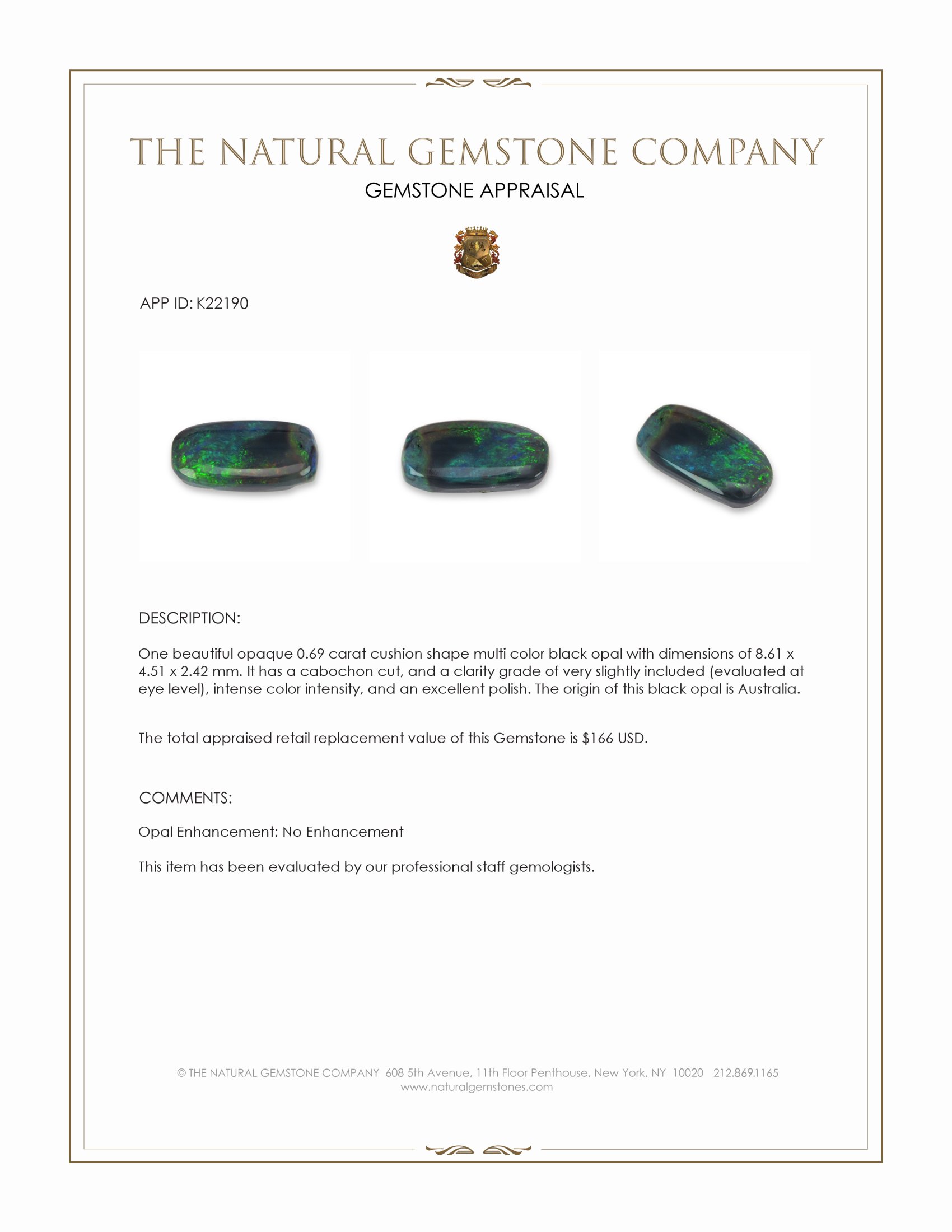 0.69 Ct. Multi Color Cabochon Black Opal (Dark Opal) from Australia