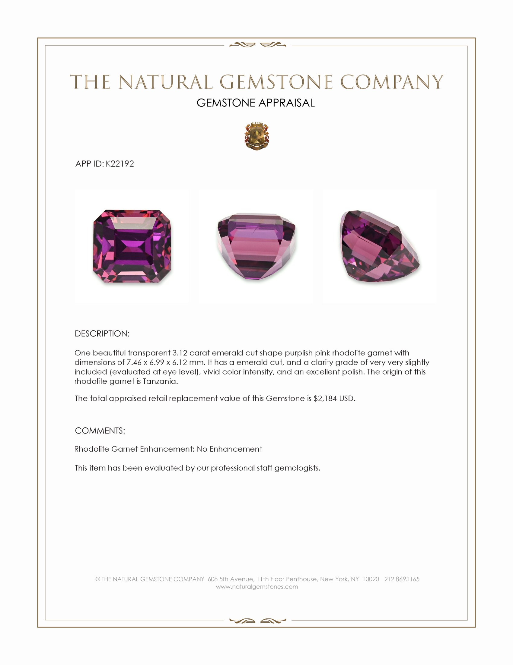 3.12 Ct. Purplish Pink Rhodolite Garnet from Tanzania