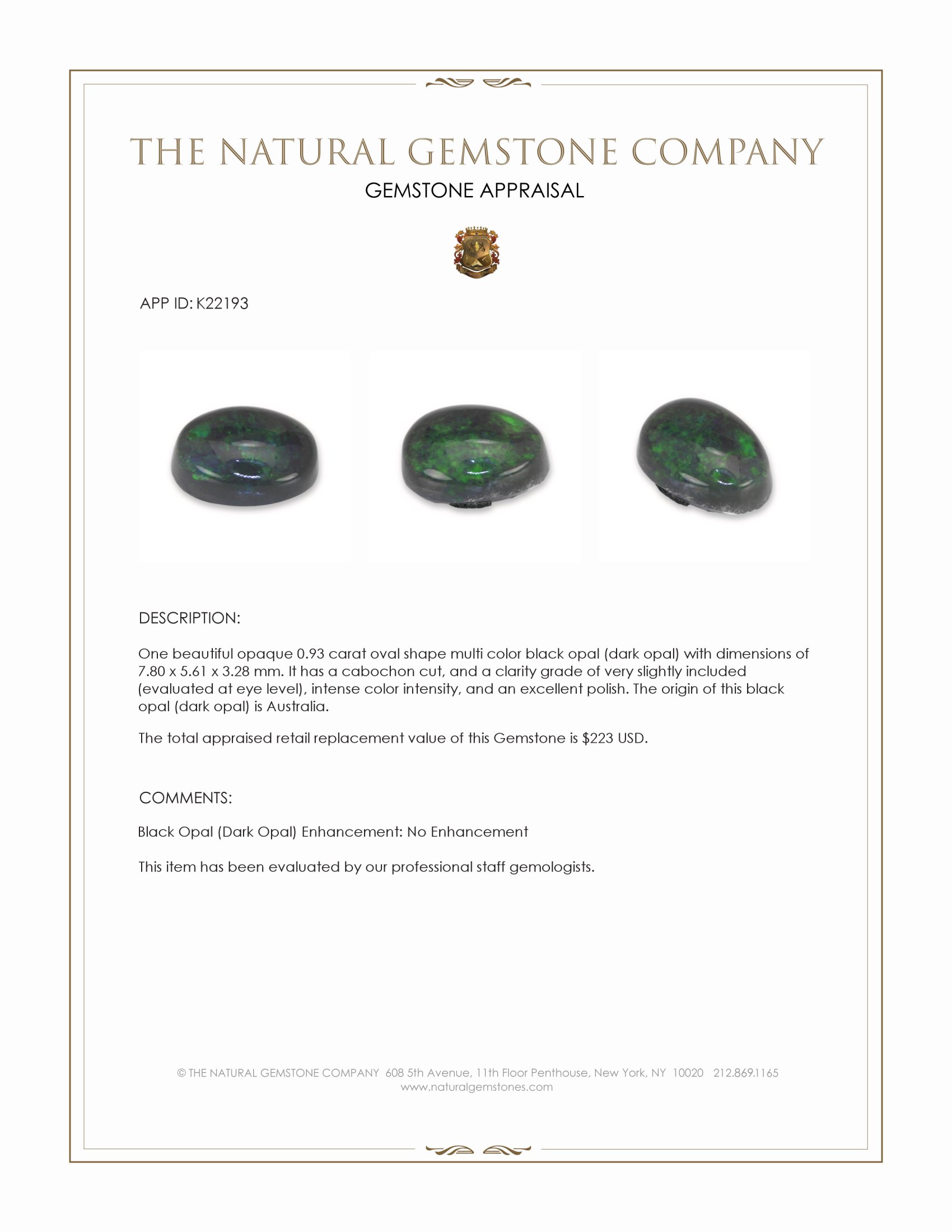 0.93 Ct. Multi Color Cabochon Black Opal (Dark Opal) from Australia