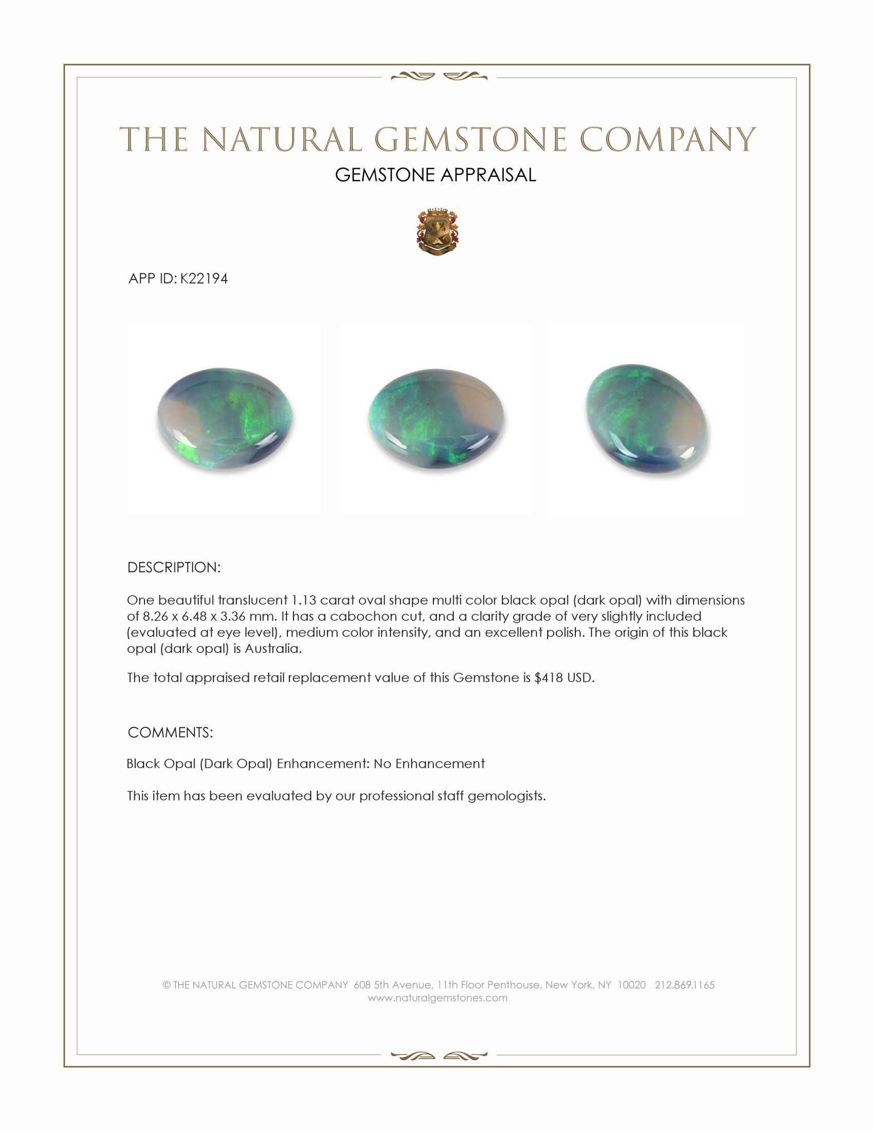 1.13 Ct. Multi Color Cabochon Black Opal (Dark Opal) from Australia